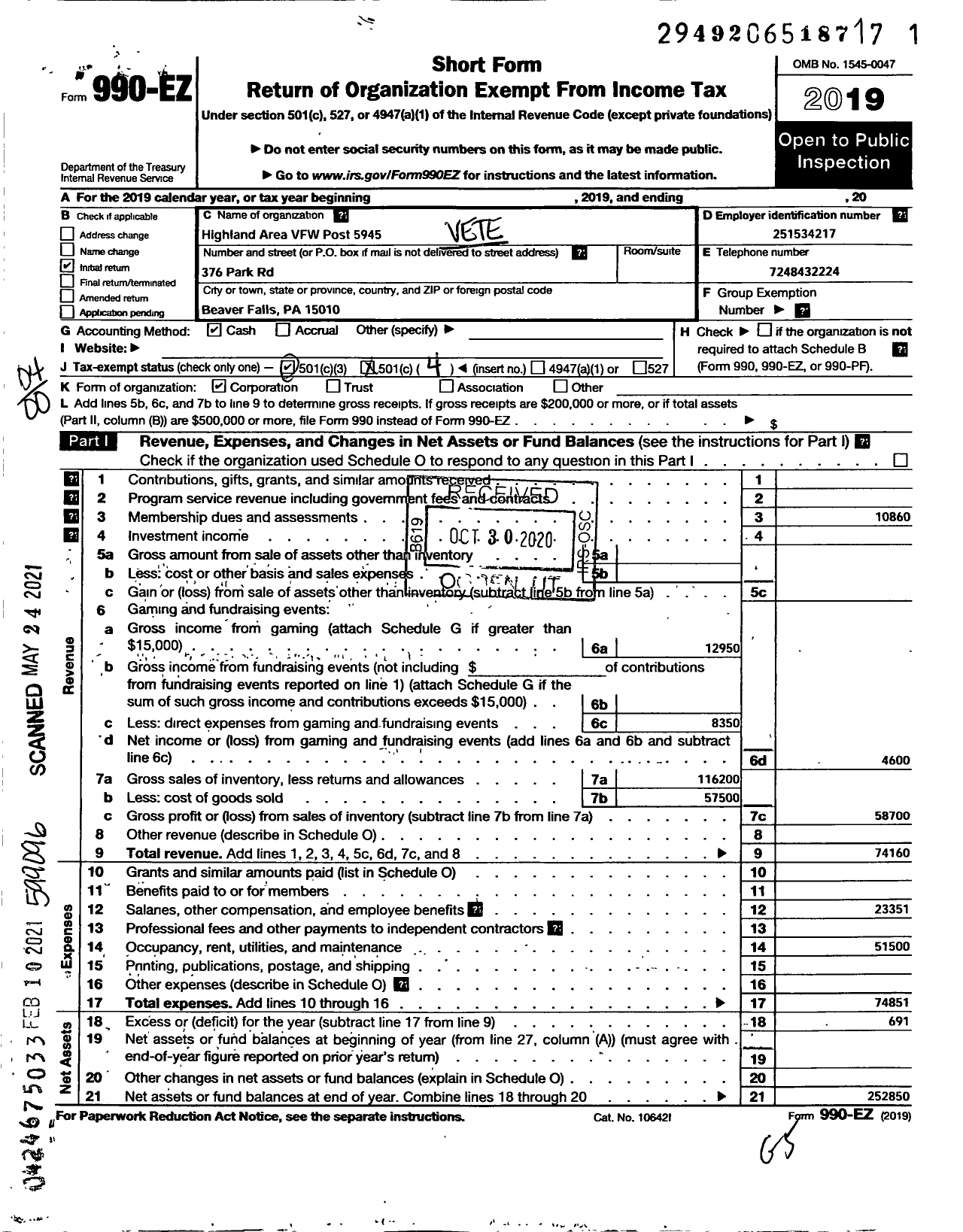 Image of first page of 2019 Form 990EO for VFW Department of Pennsylvania - Canteen