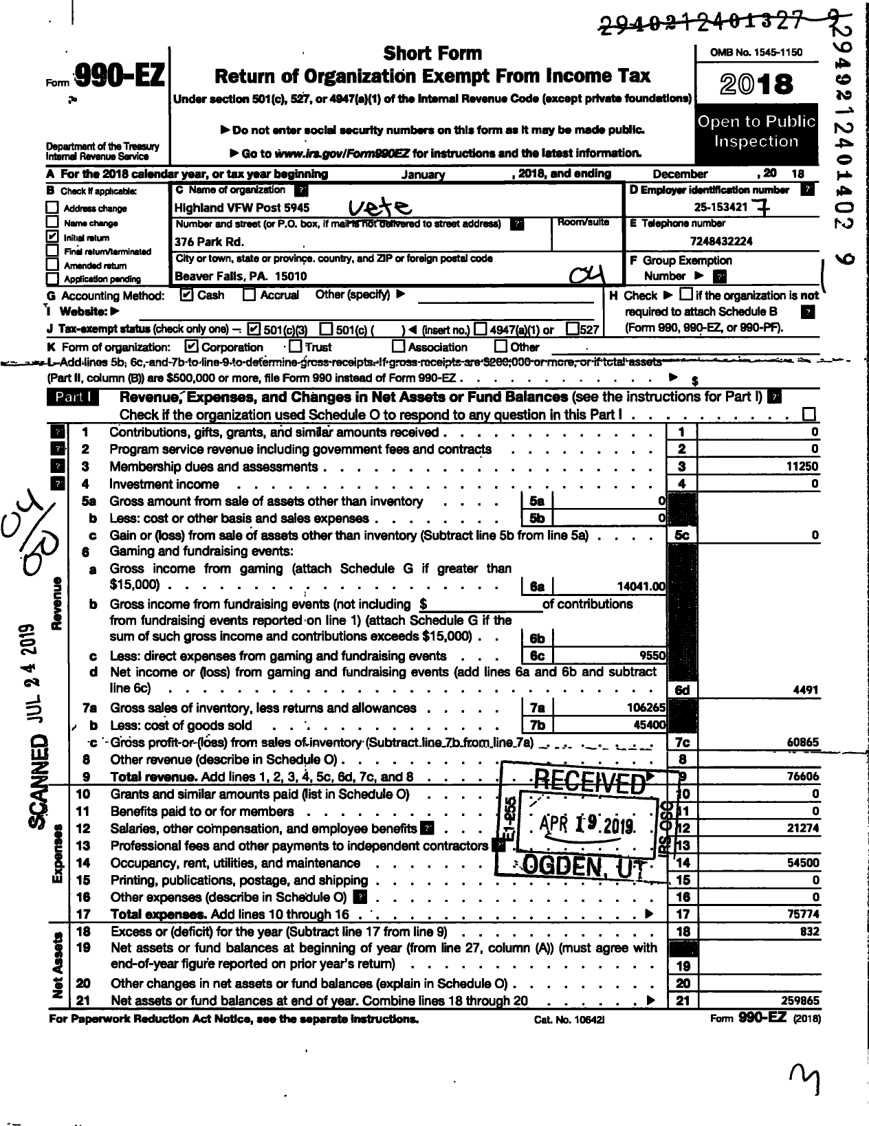 Image of first page of 2018 Form 990EO for VFW Department of Pennsylvania - Canteen