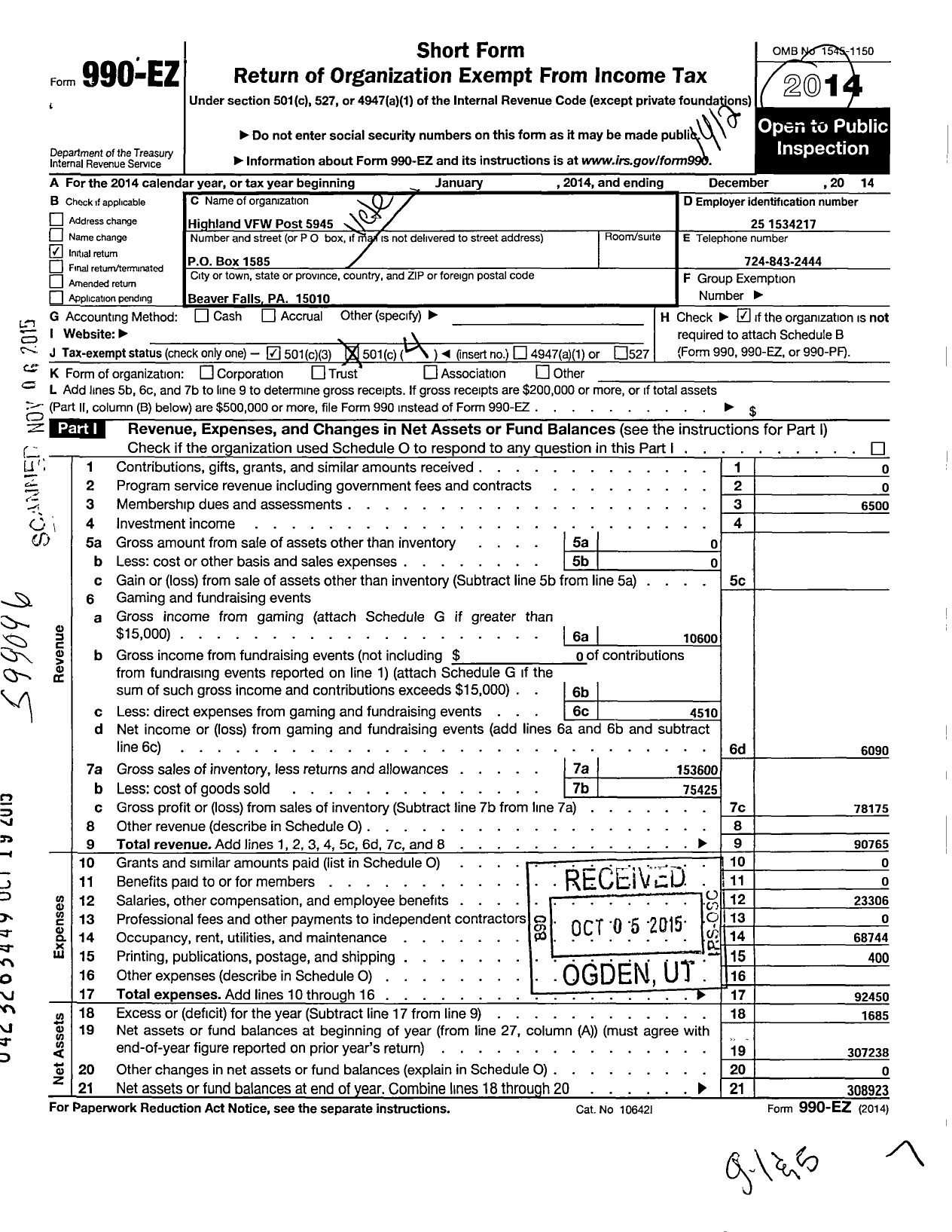 Image of first page of 2014 Form 990EO for VFW Department of Pennsylvania - Canteen