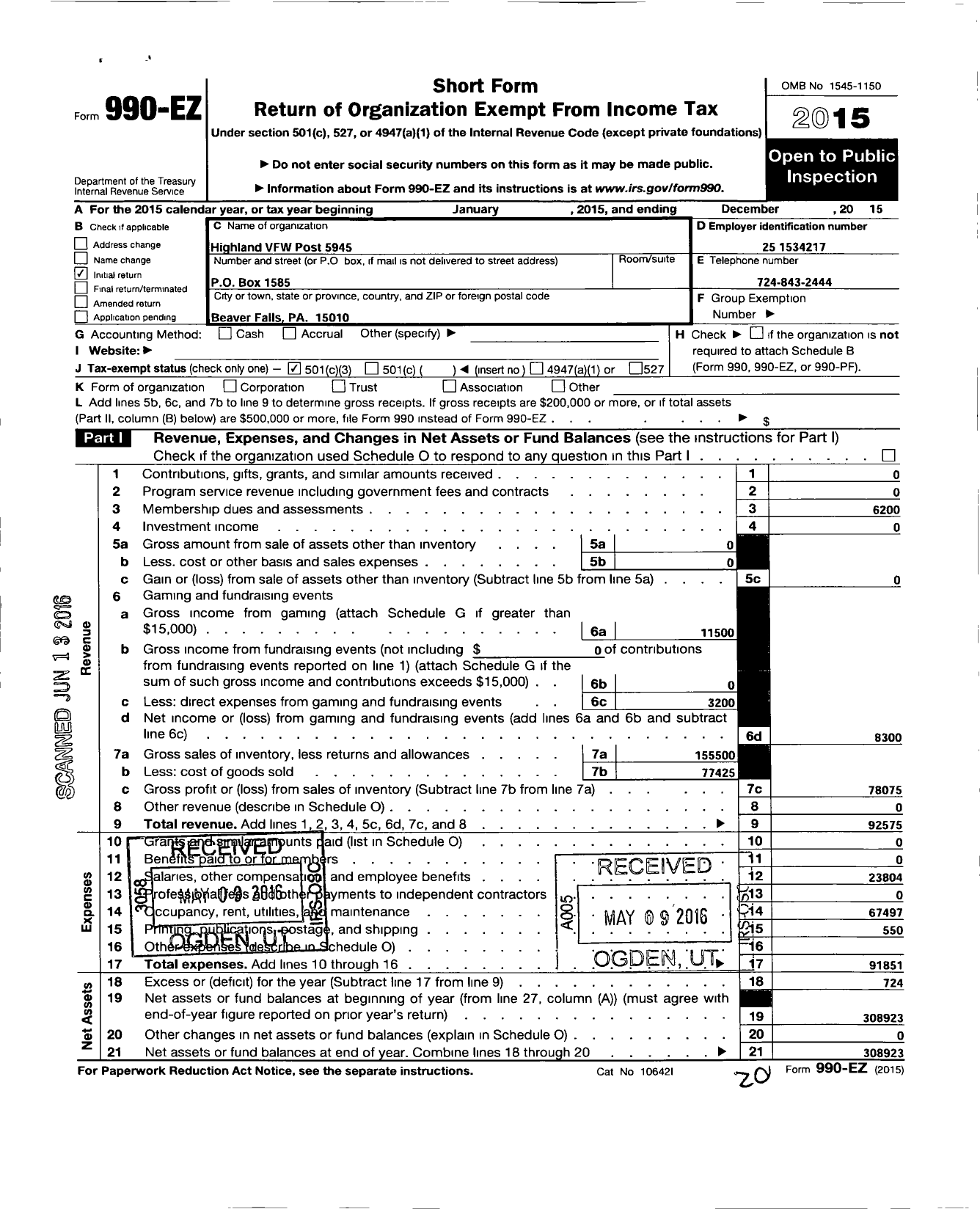 Image of first page of 2015 Form 990EZ for VFW Department of Pennsylvania - Canteen
