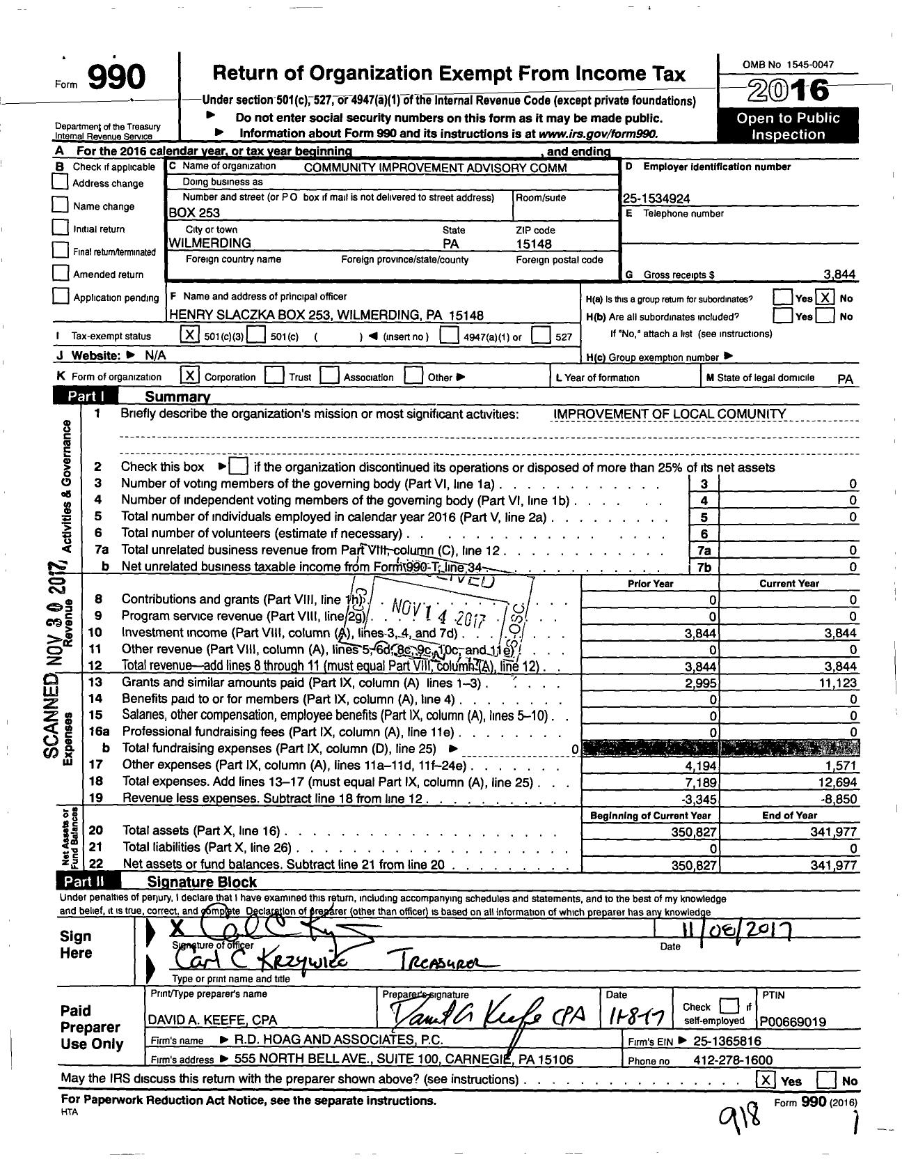 Image of first page of 2016 Form 990 for Community Improvement Advisory Committee