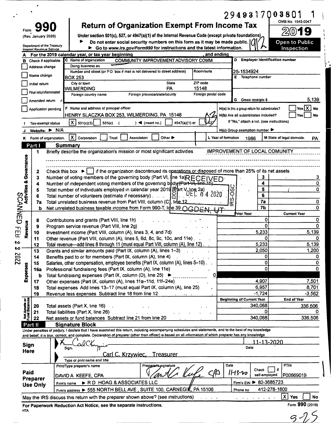 Image of first page of 2019 Form 990 for Community Improvement Advisory Committee