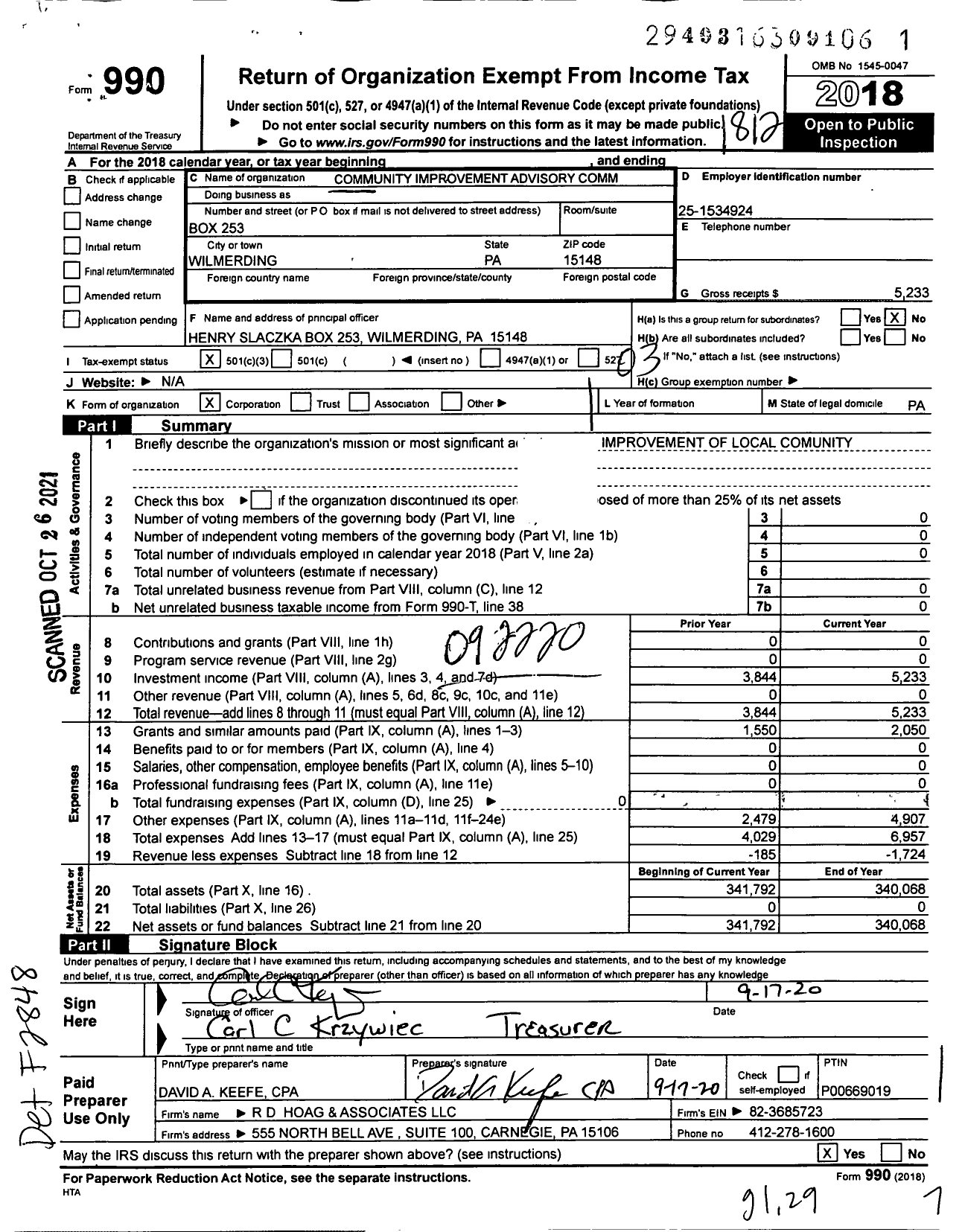 Image of first page of 2018 Form 990 for Community Improvement Advisory Committee