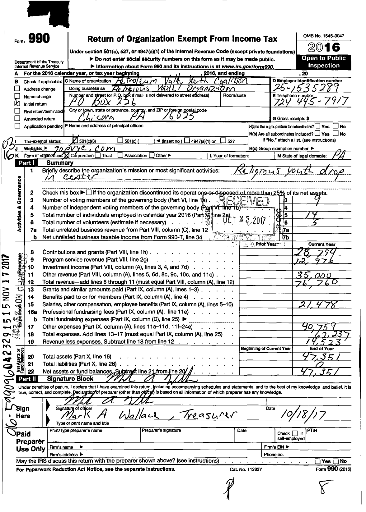 Image of first page of 2016 Form 990 for Petroleum Valley Youth Coalition