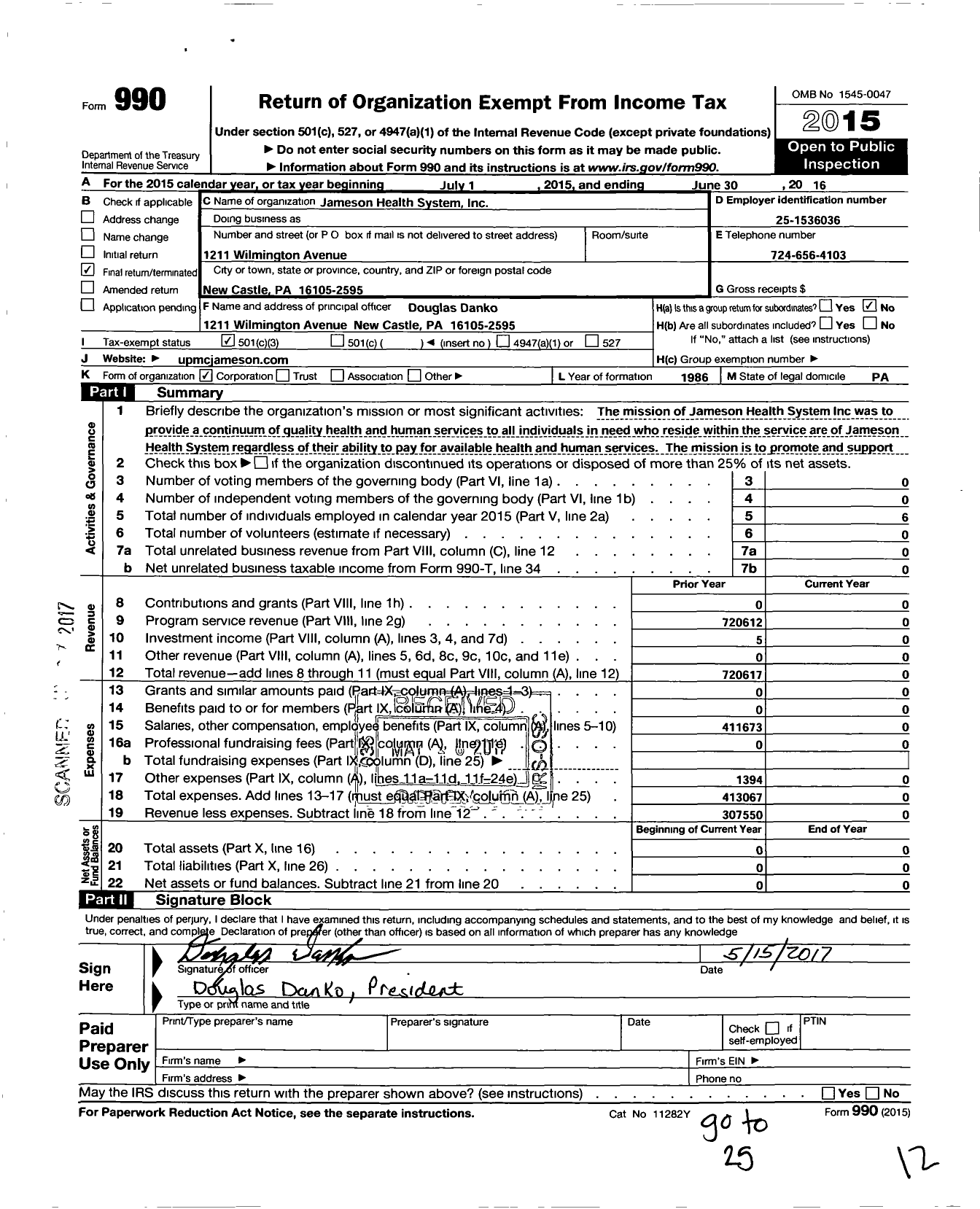 Image of first page of 2015 Form 990 for Jameson Health System