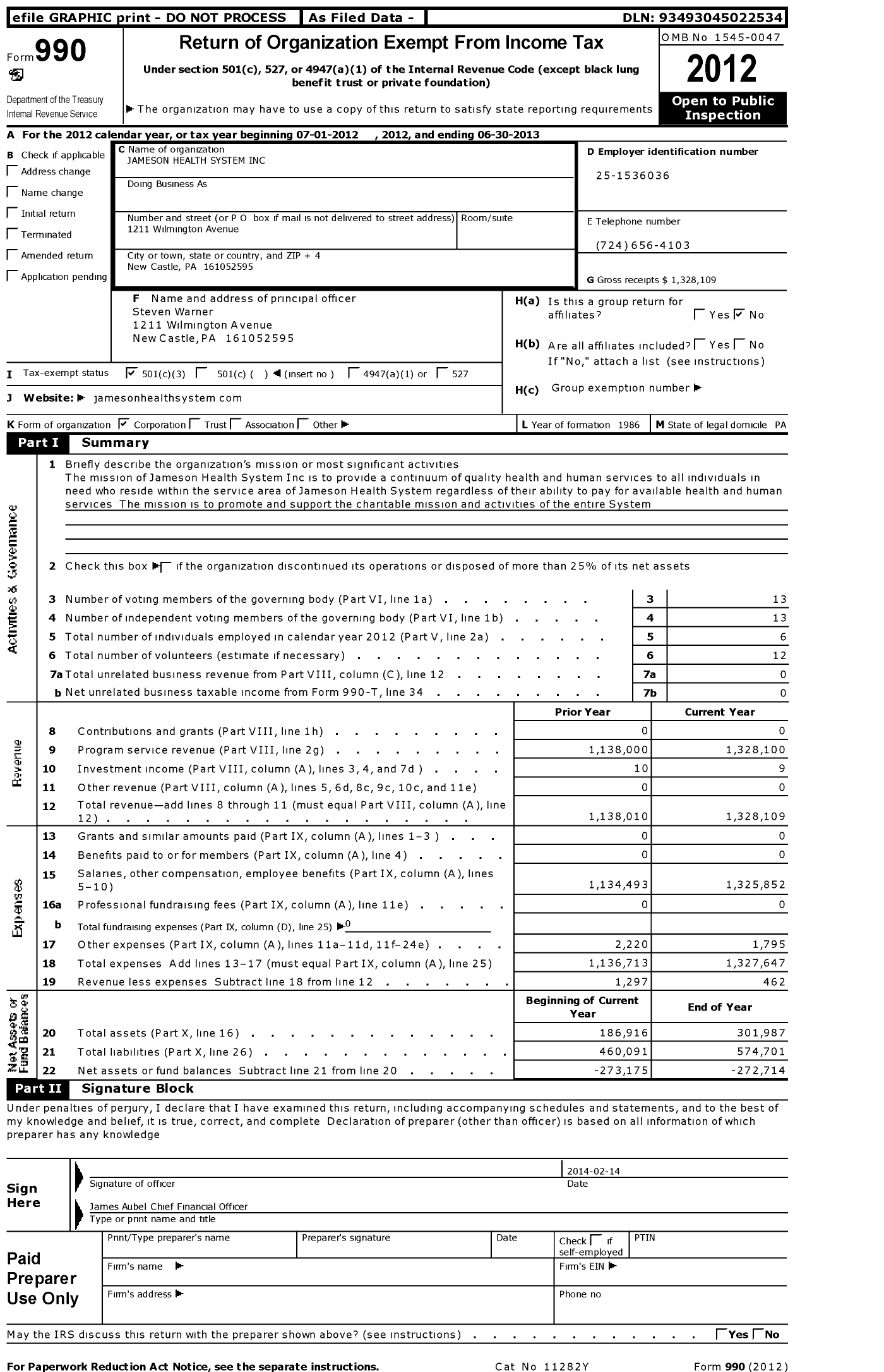 Image of first page of 2012 Form 990 for Jameson Health System