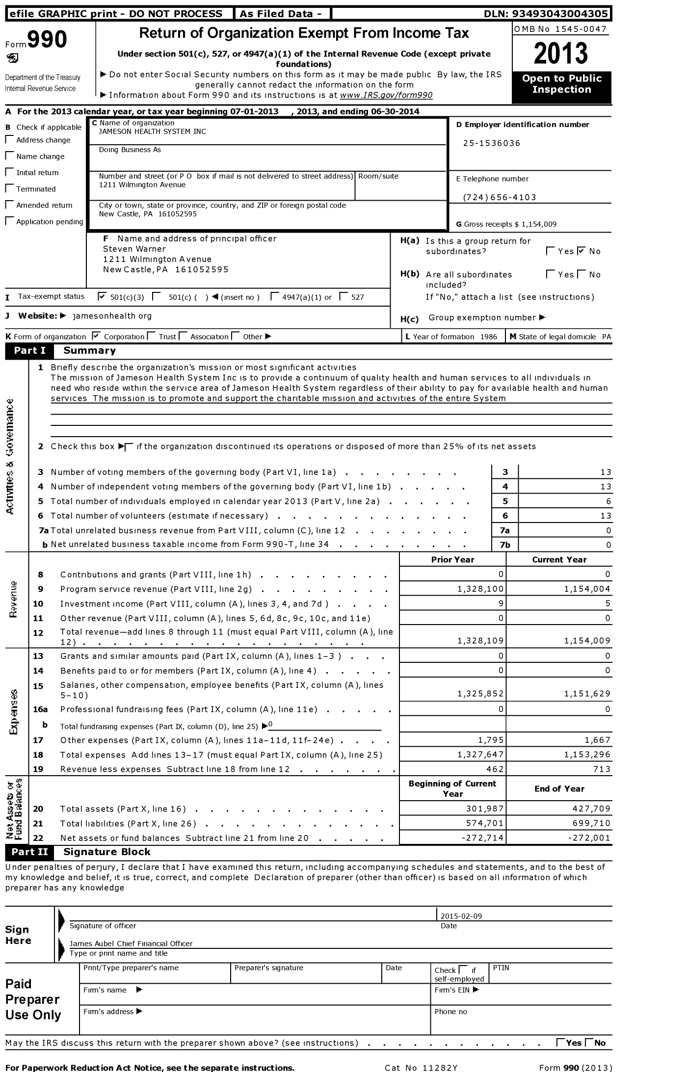 Image of first page of 2013 Form 990 for Jameson Health System