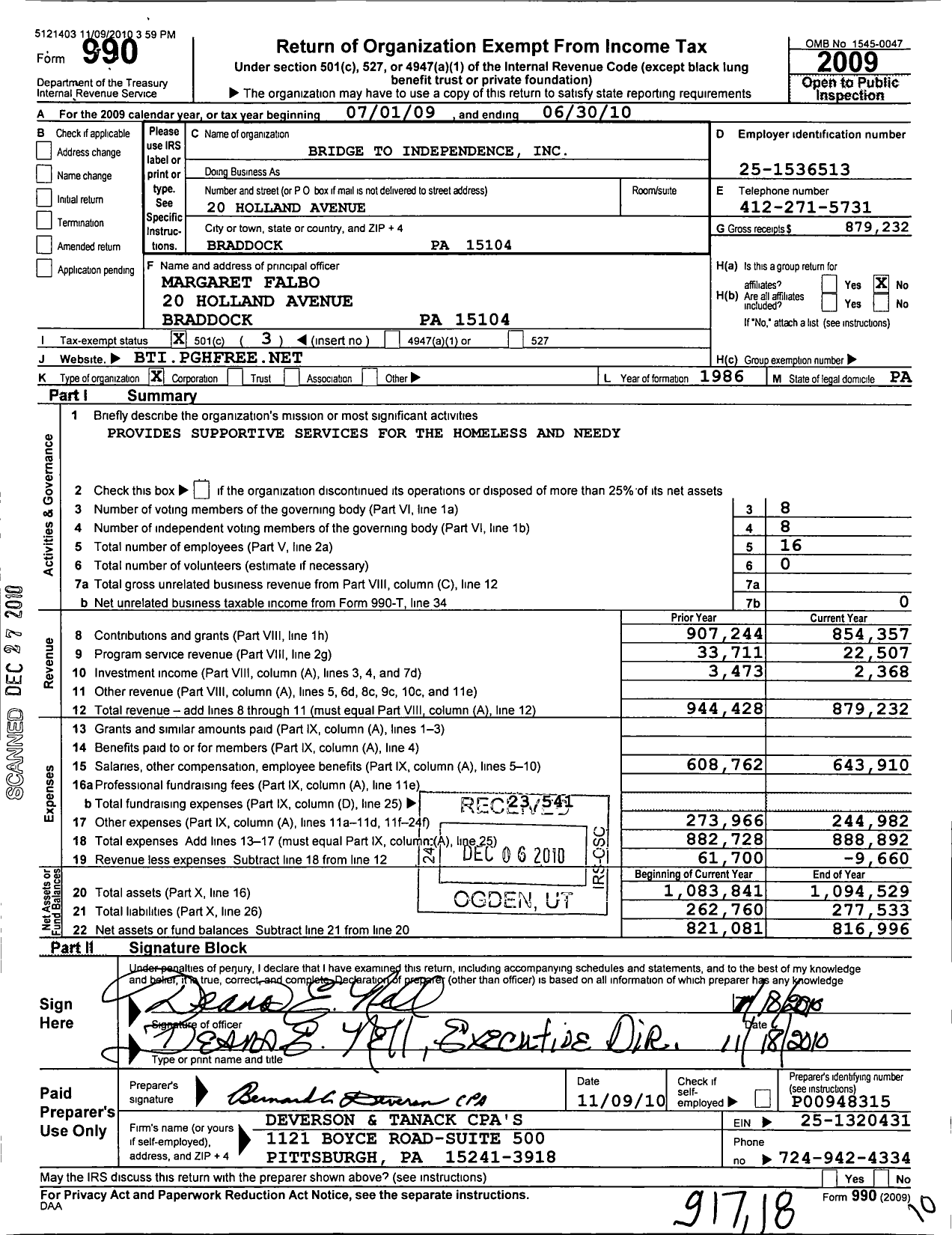 Image of first page of 2009 Form 990 for Bridge To Independence / Debra House