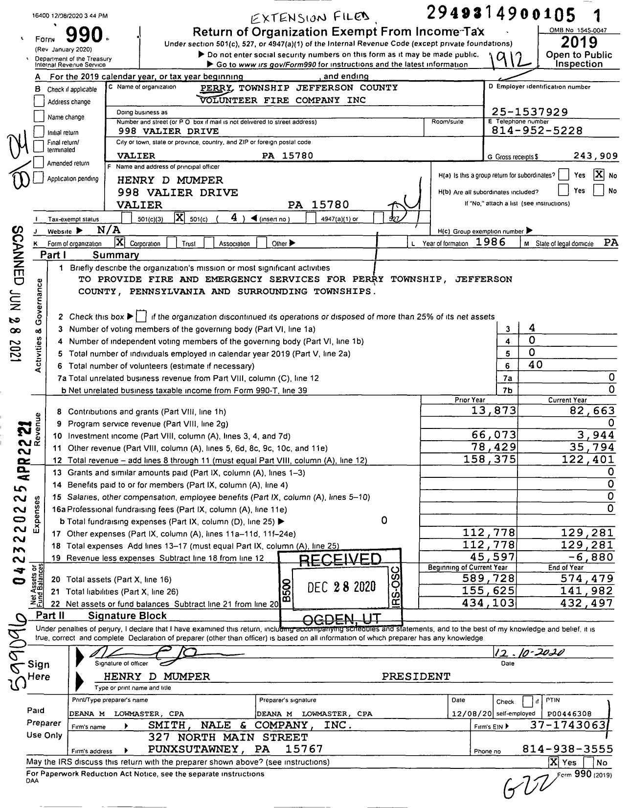 Image of first page of 2019 Form 990O for Perry Township Jefferson County Volunteer Fire Company