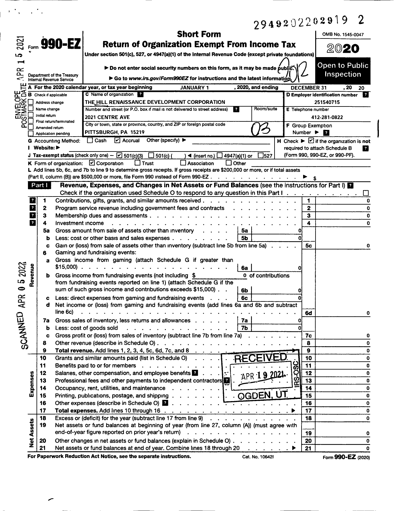 Image of first page of 2020 Form 990EZ for The Hill Renaissance Development Corporation