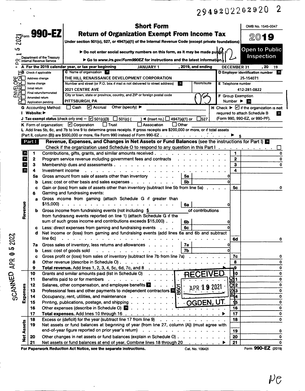 Image of first page of 2019 Form 990EZ for The Hill Renaissance Development Corporation