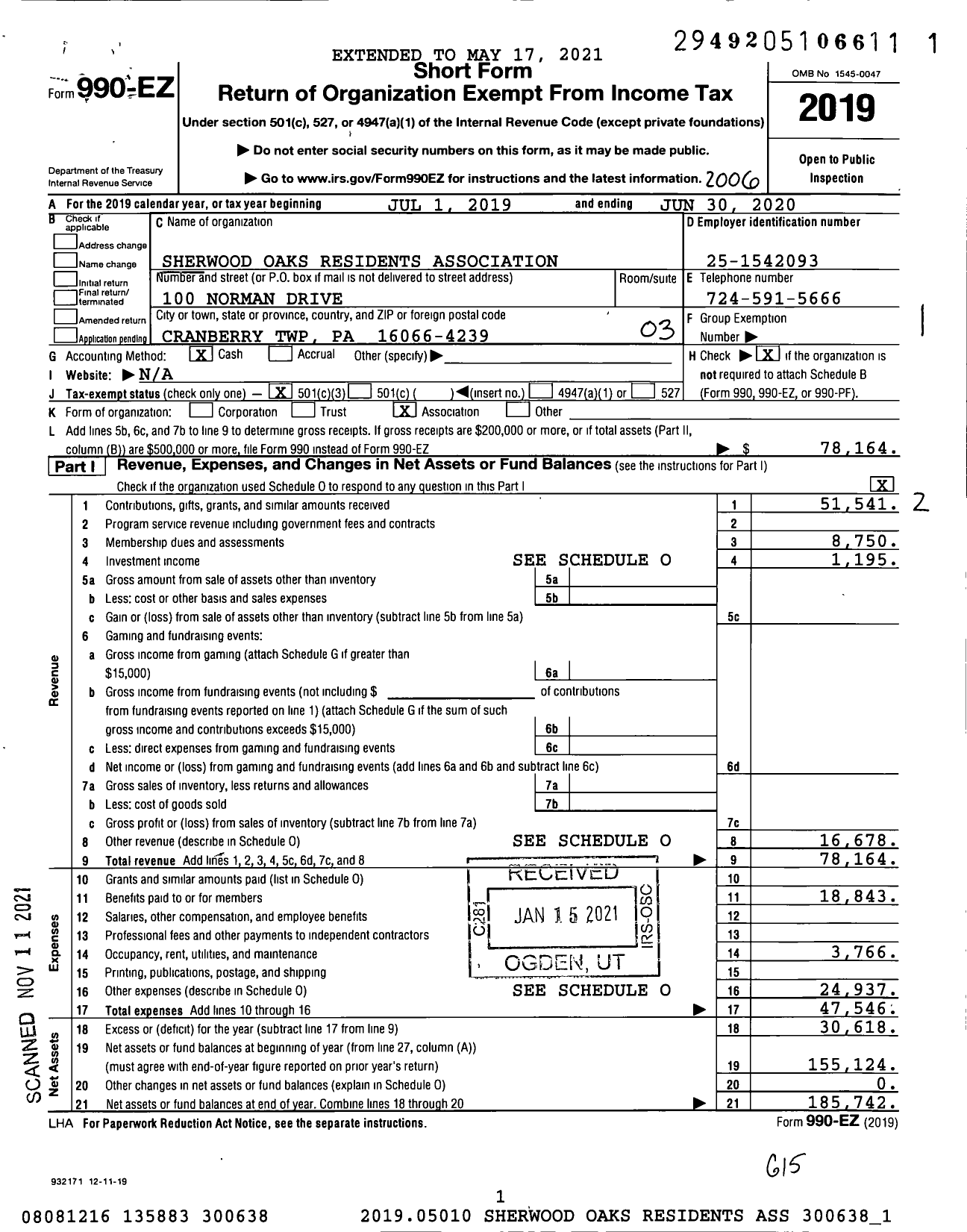 Image of first page of 2019 Form 990EZ for Sherwood Oaks Residents Association