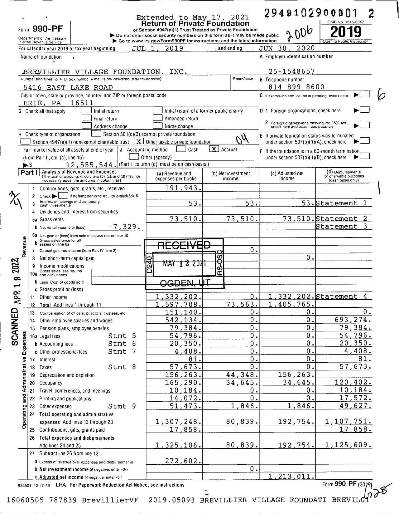 Image of first page of 2019 Form 990PF for Brevillier Village Foundation