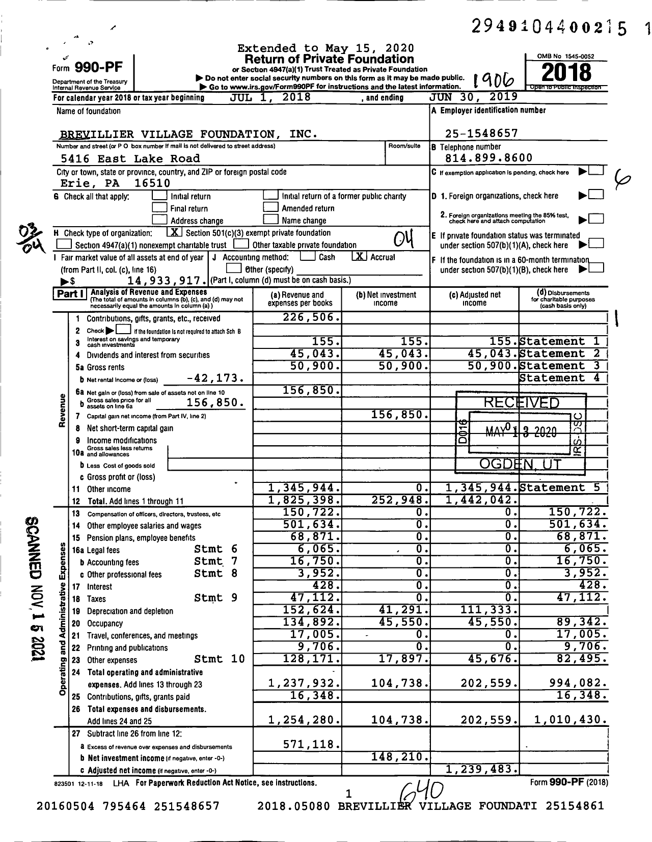 Image of first page of 2018 Form 990PF for Brevillier Village Foundation