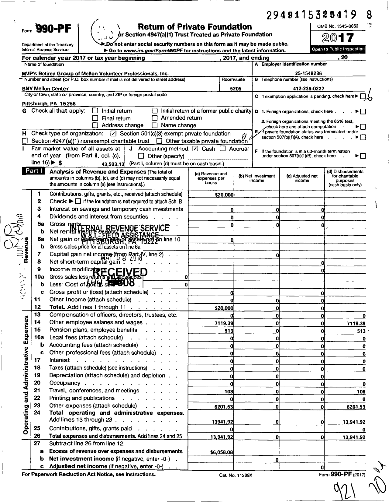 Image of first page of 2017 Form 990PF for MVPS Retiree Group of Mellon Volunteer Professionals