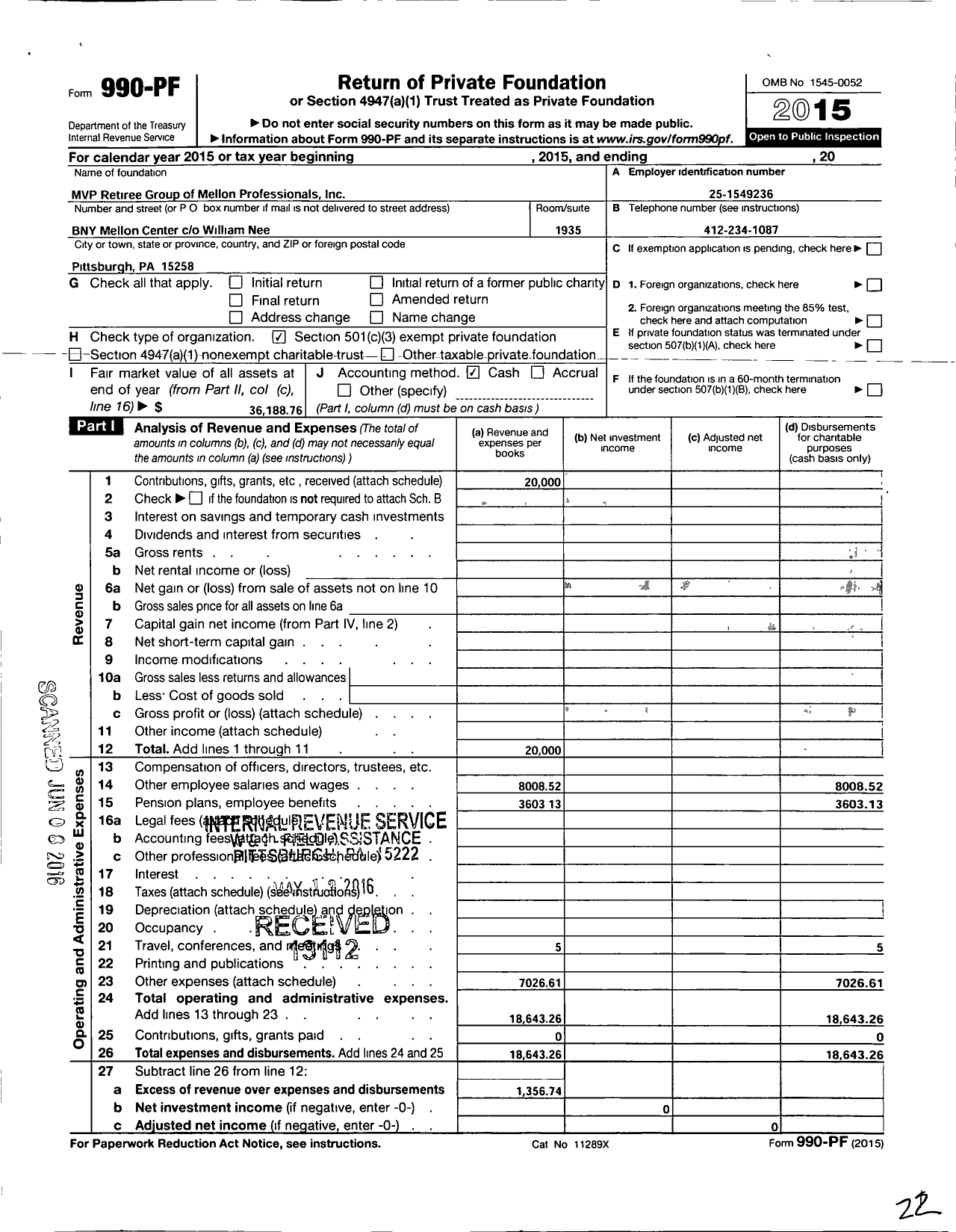 Image of first page of 2015 Form 990PF for MVPS Retiree Group of Mellon Volunteer Professionals