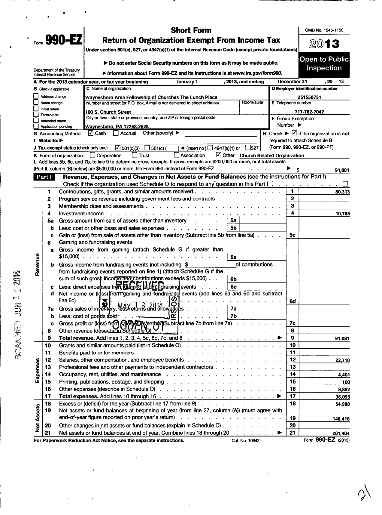 Image of first page of 2013 Form 990EZ for Waynesboro Area Fellowship of Churches the Lunch Place