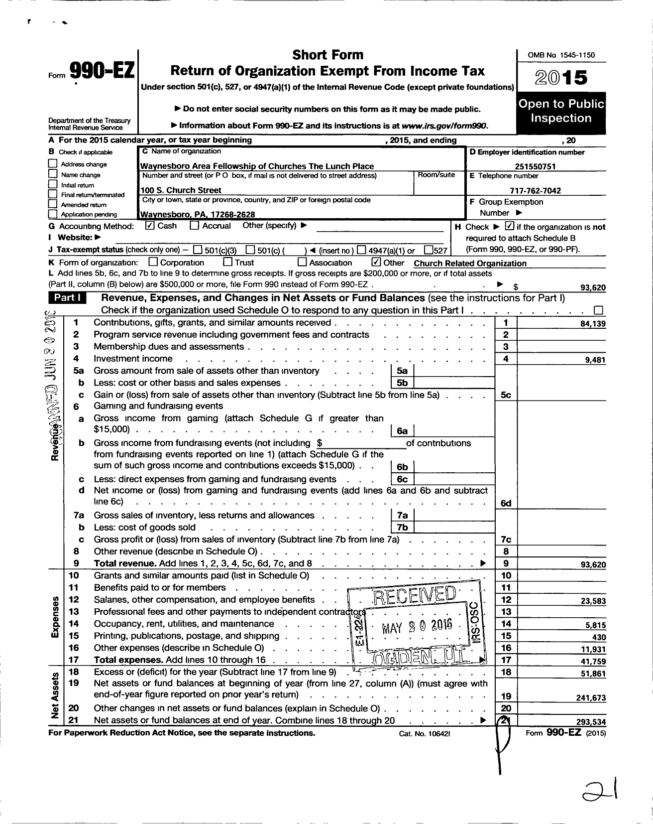 Image of first page of 2015 Form 990EO for Waynesboro Area Fellowship of Churches the Lunch Place