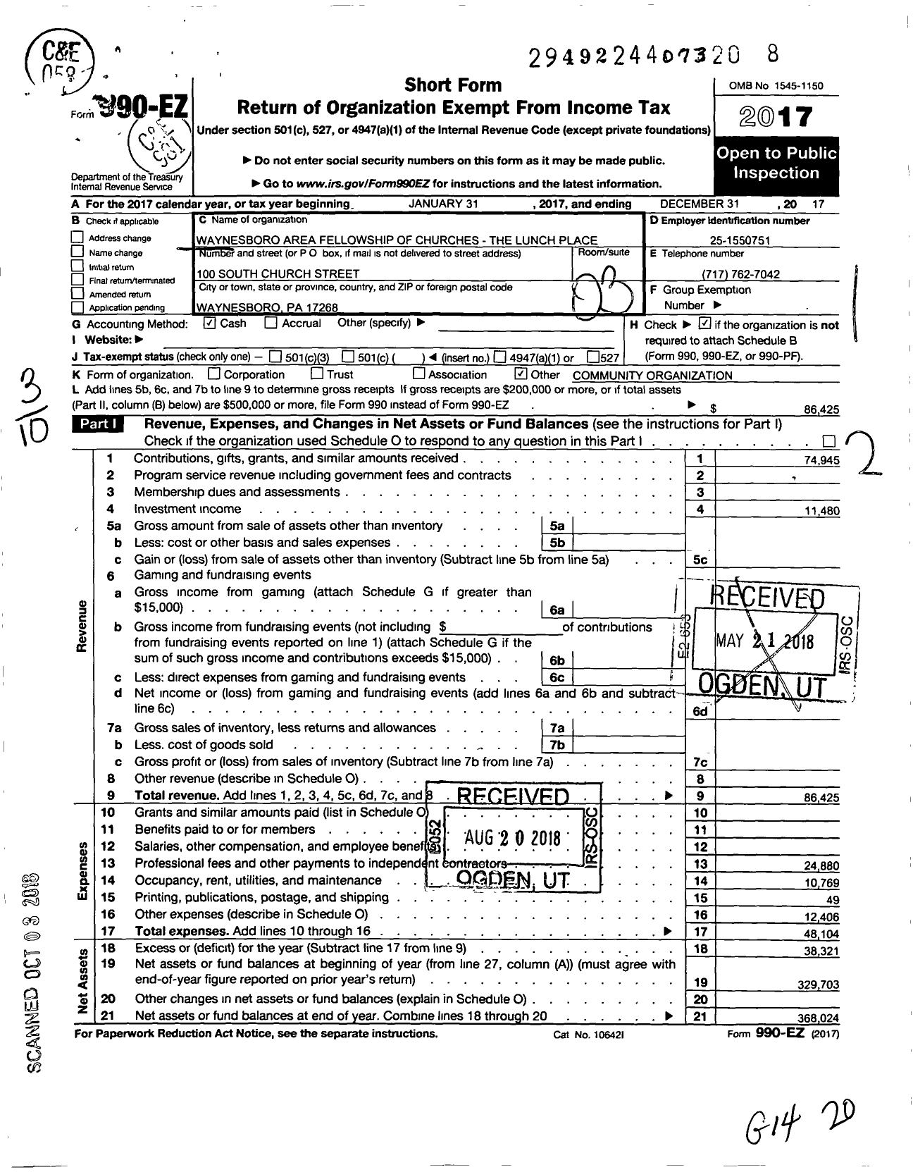 Image of first page of 2017 Form 990EZ for Waynesboro Area Fellowship of Churches the Lunch Place