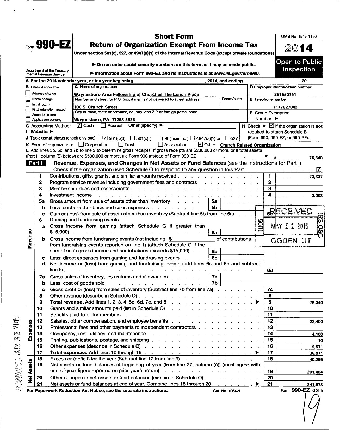 Image of first page of 2014 Form 990EZ for Waynesboro Area Fellowship of Churches the Lunch Place