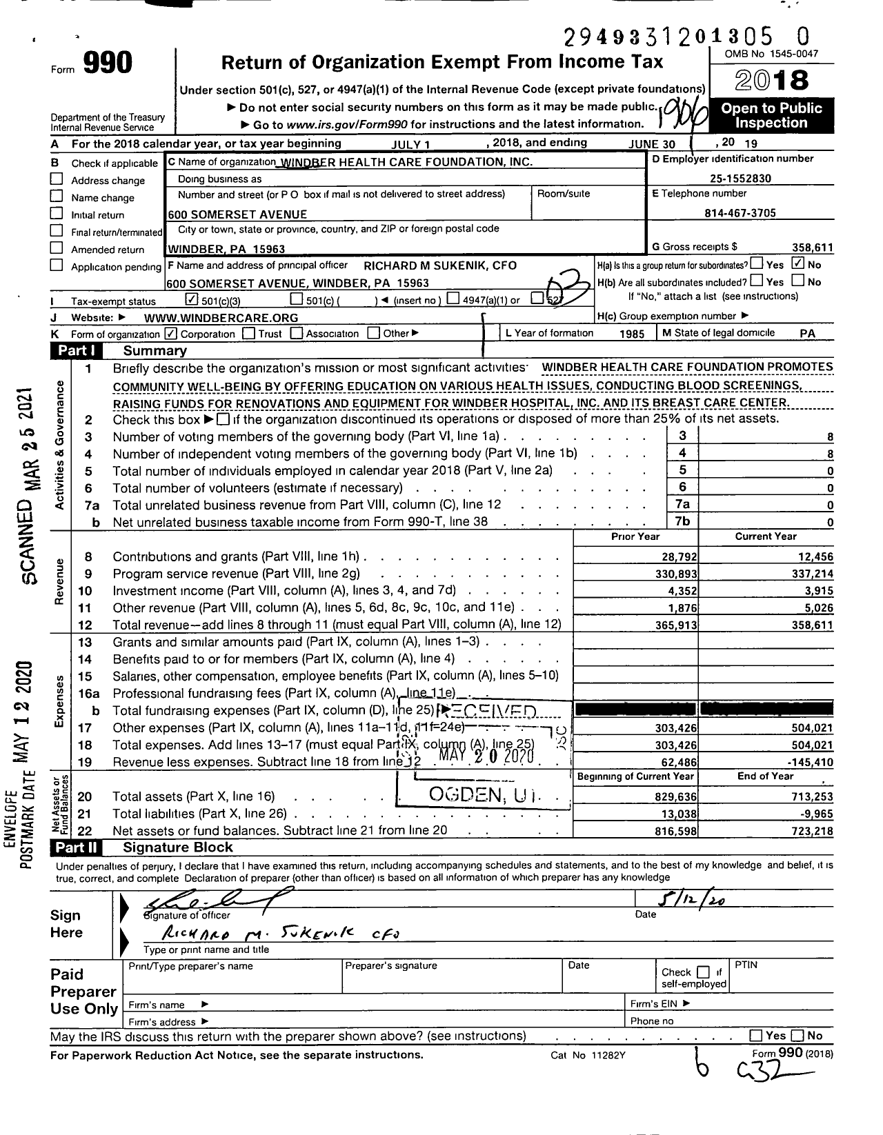 Image of first page of 2018 Form 990 for Windber Healthcare Foundation