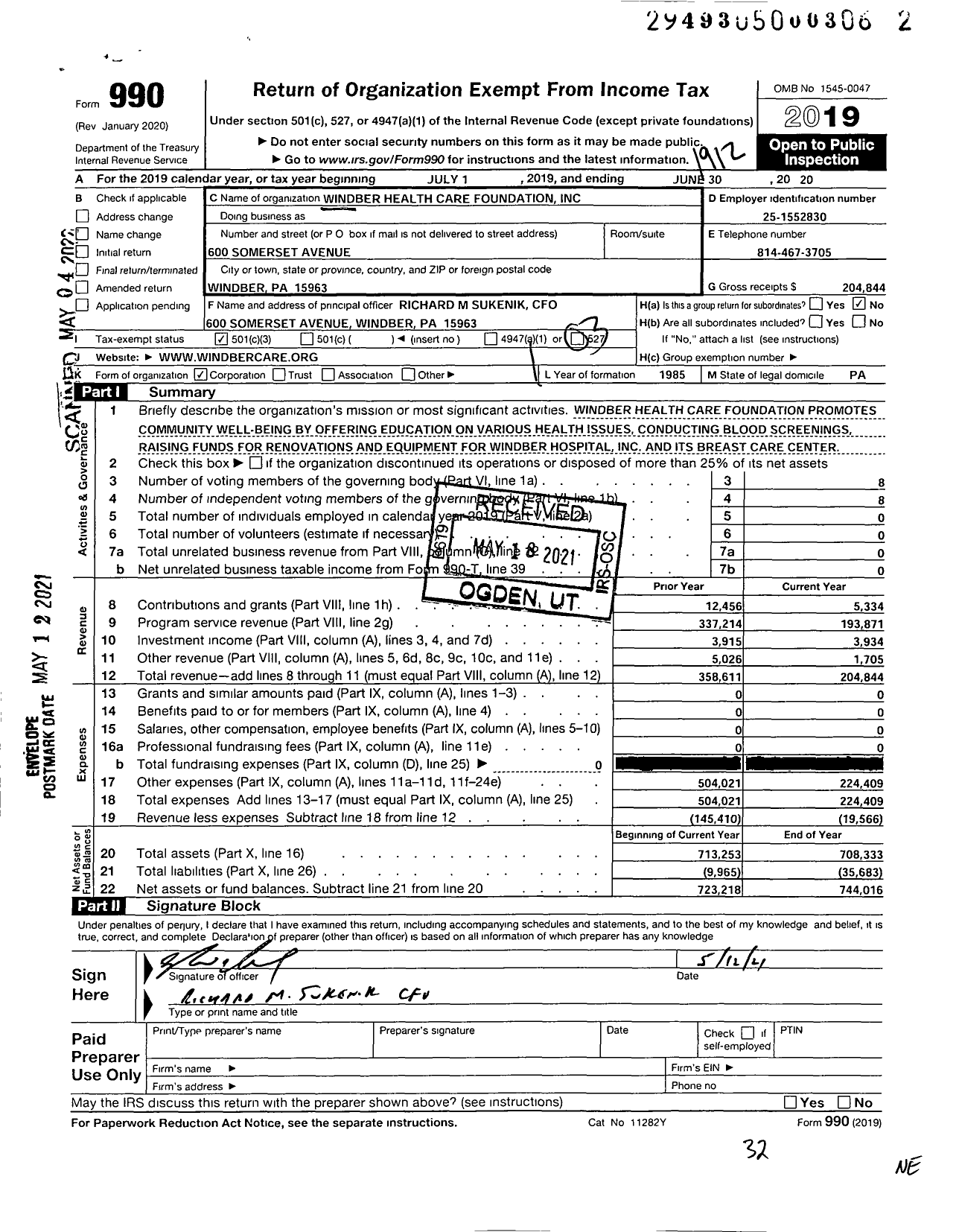 Image of first page of 2019 Form 990 for Windber Healthcare Foundation