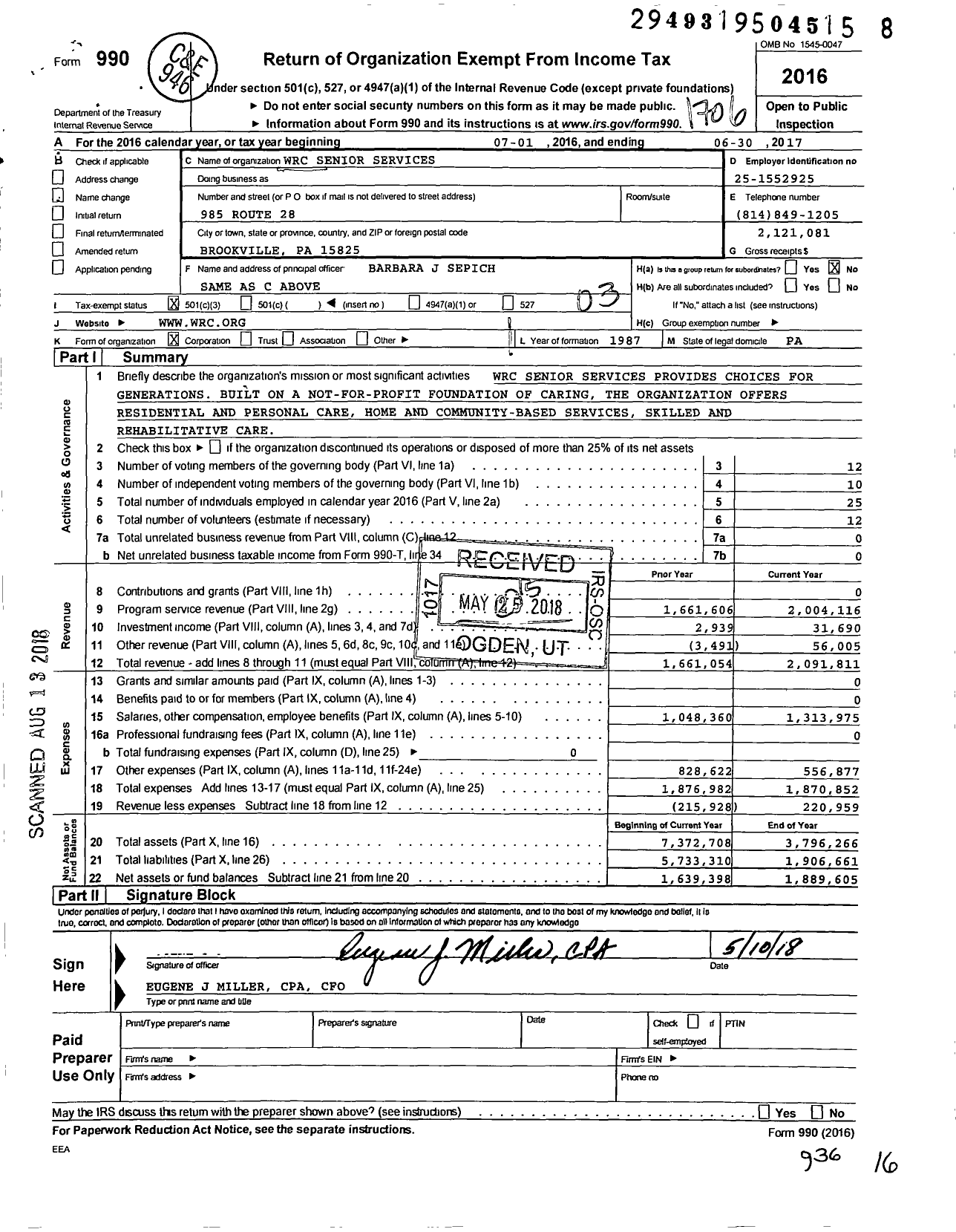 Image of first page of 2016 Form 990 for WRC Senior Services