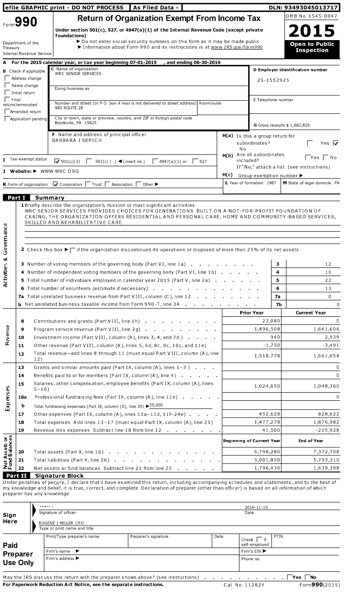 Image of first page of 2015 Form 990 for WRC Senior Services
