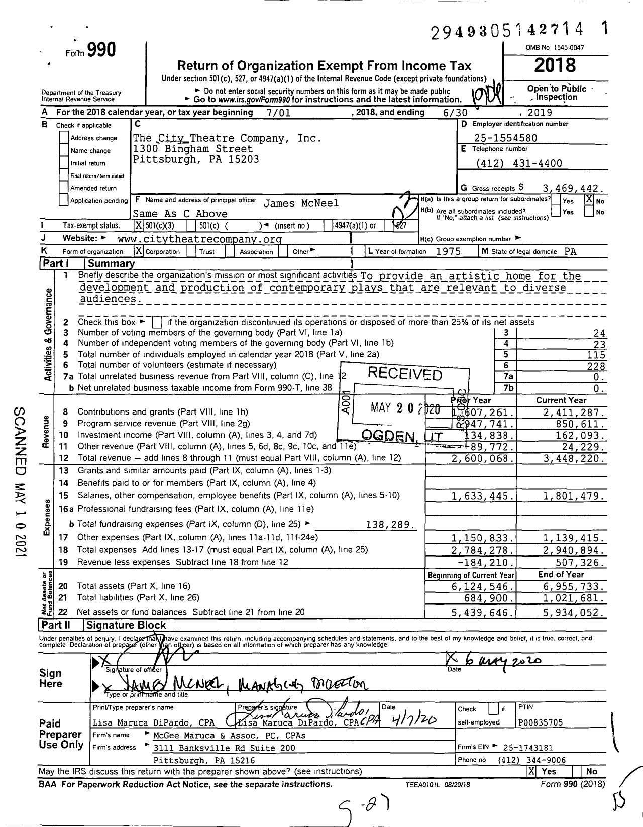 Image of first page of 2018 Form 990 for The City Theatre Company