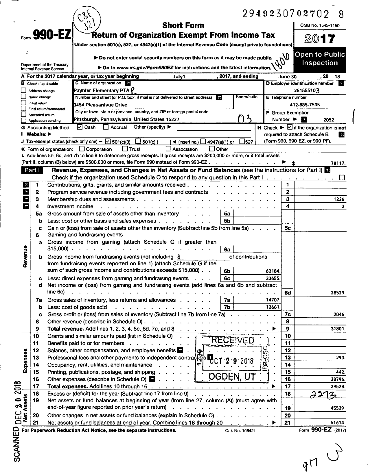 Image of first page of 2017 Form 990EZ for Paynter Elementary PTA