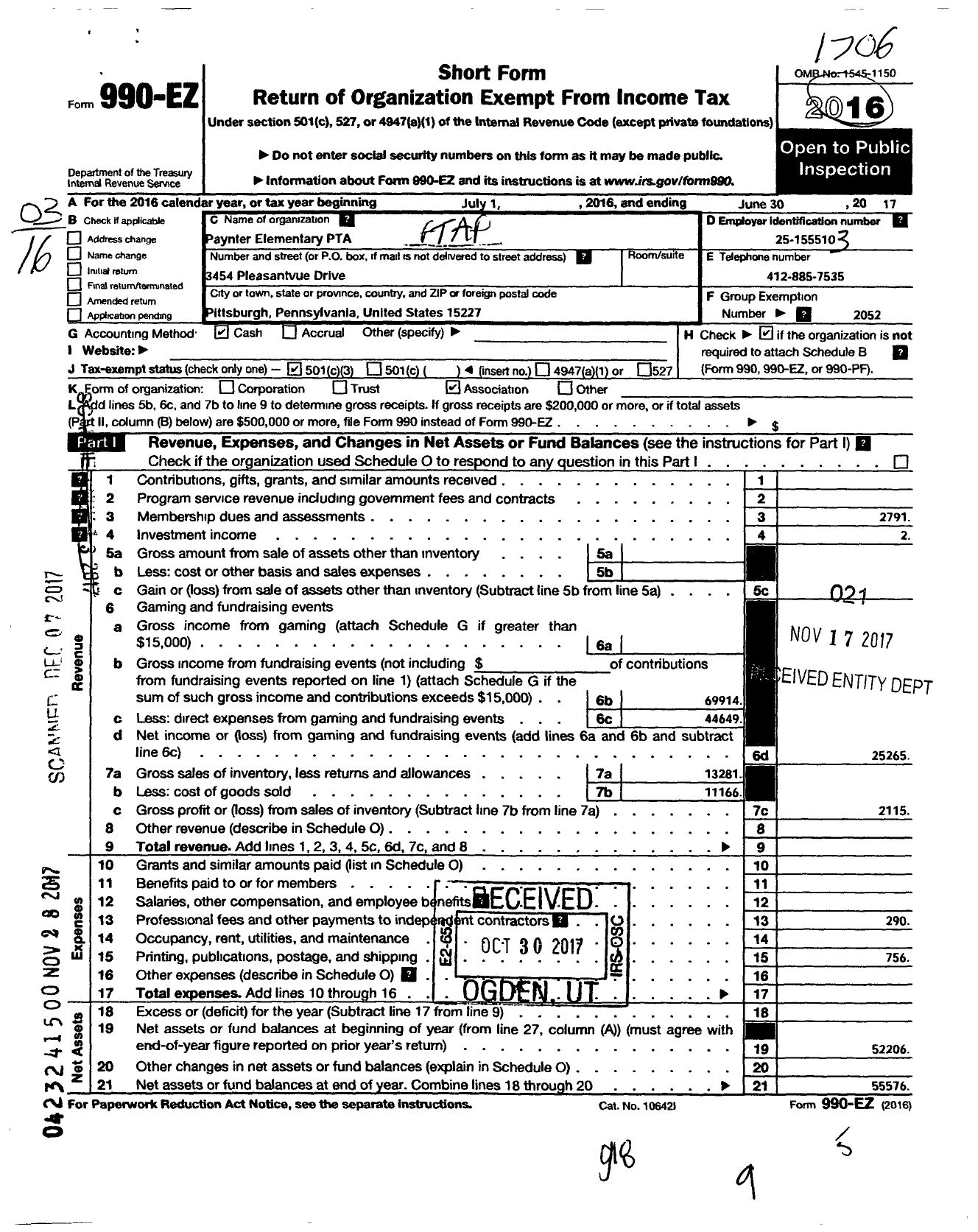 Image of first page of 2016 Form 990EZ for Paynter Elementary PTA
