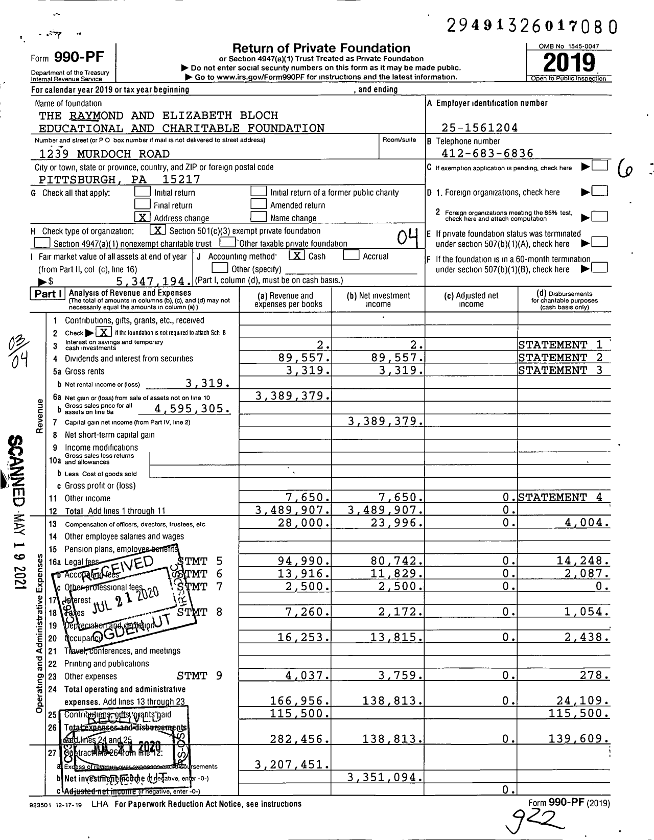 Image of first page of 2019 Form 990PF for The Raymond and Elizabeth Bloch Educational and Charitable Foundation