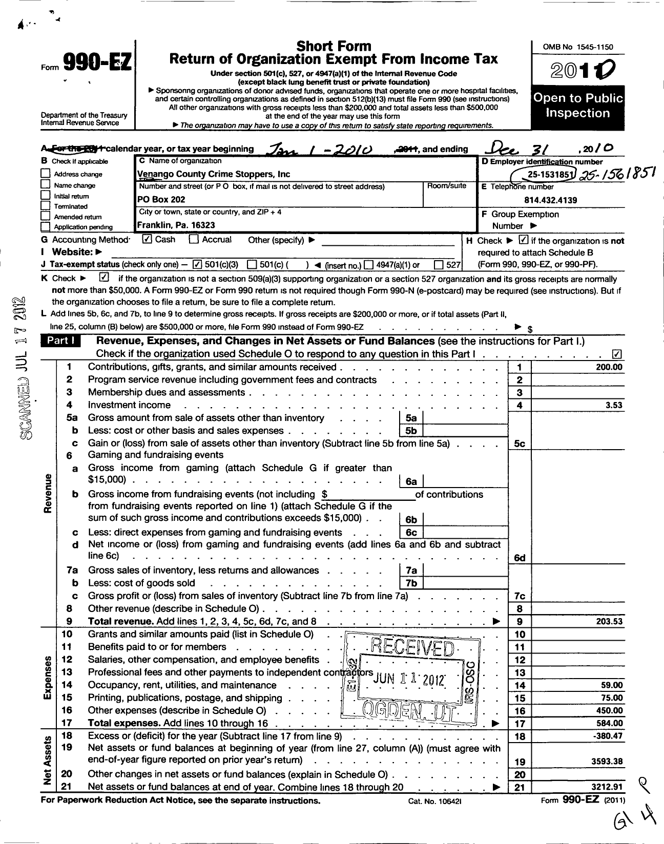 Image of first page of 2010 Form 990EZ for Venango County Crime Stoppers