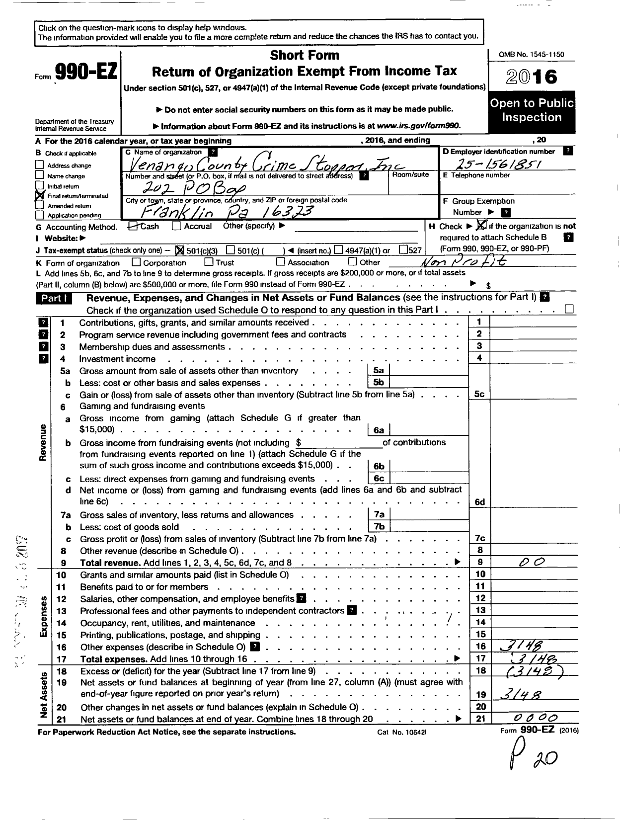 Image of first page of 2016 Form 990EZ for Venango County Crime Stoppers