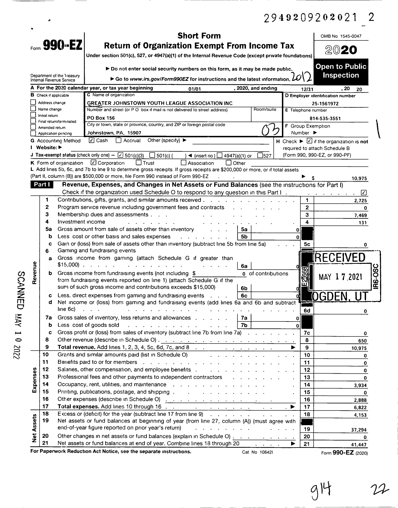 Image of first page of 2020 Form 990EZ for Greater Johnstown Youth League Association