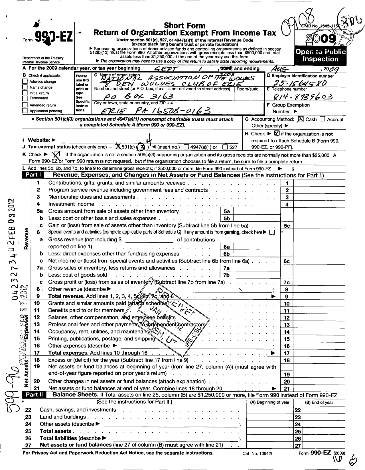 Image of first page of 2008 Form 990EO for National Association of the Wolves - 8 Den Wolves Club of Erie