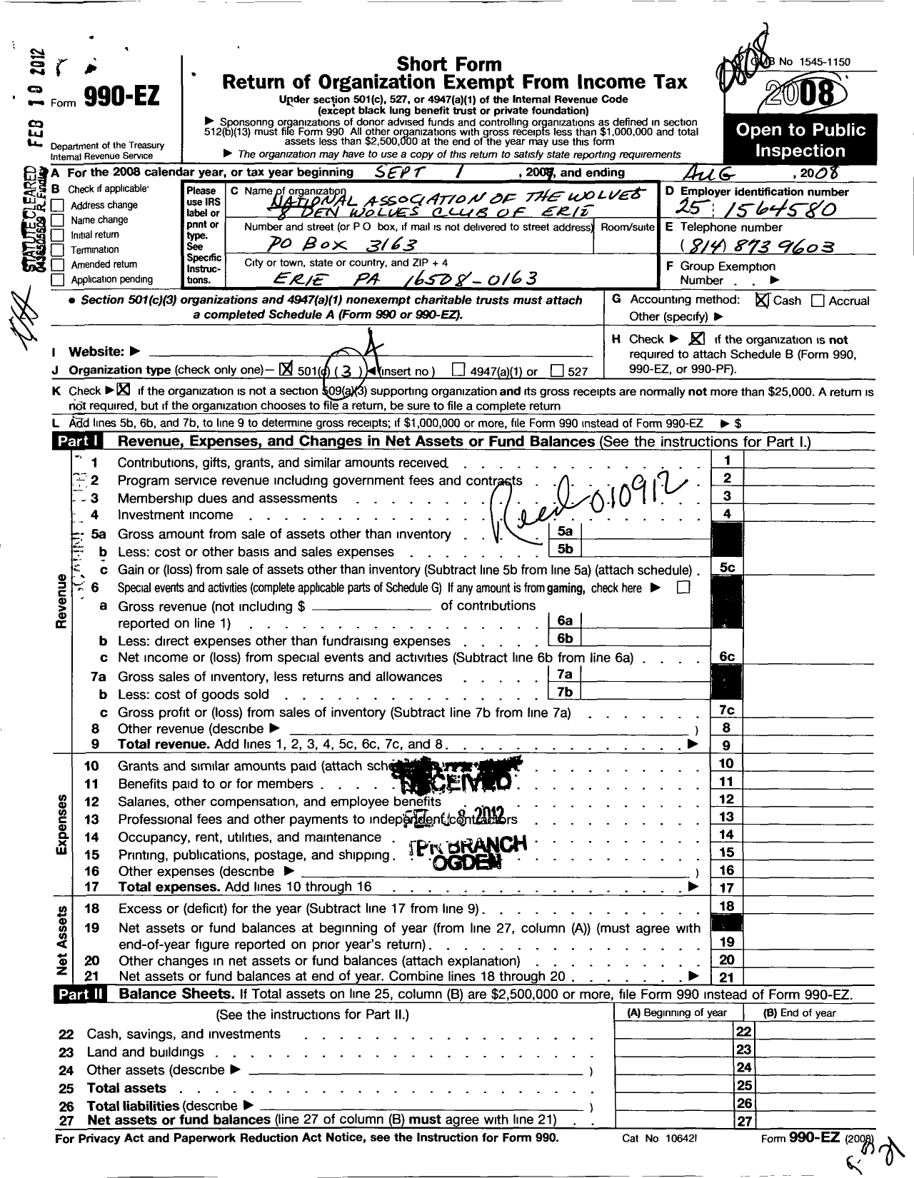 Image of first page of 2007 Form 990EO for National Association of the Wolves - 8 Den Wolves Club of Erie