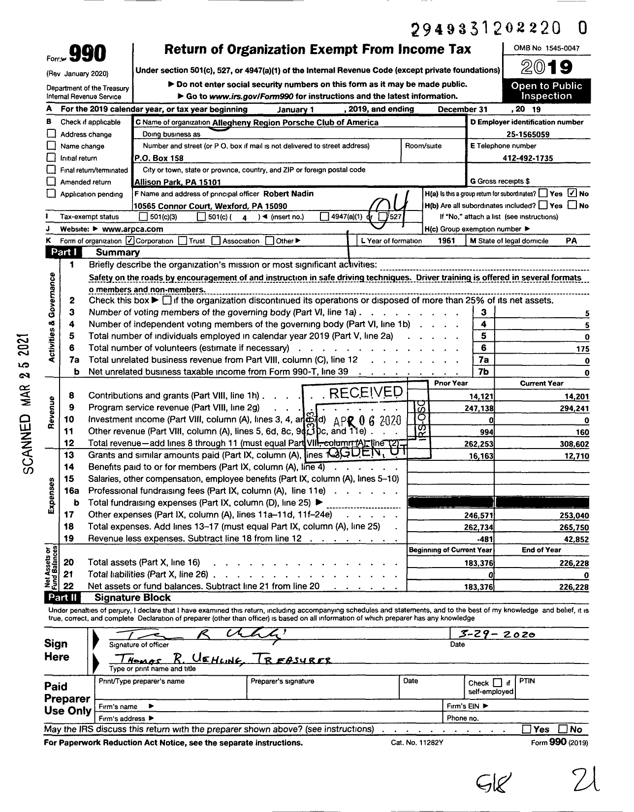 Image of first page of 2019 Form 990O for Porsche Club of America-Allegheny Region