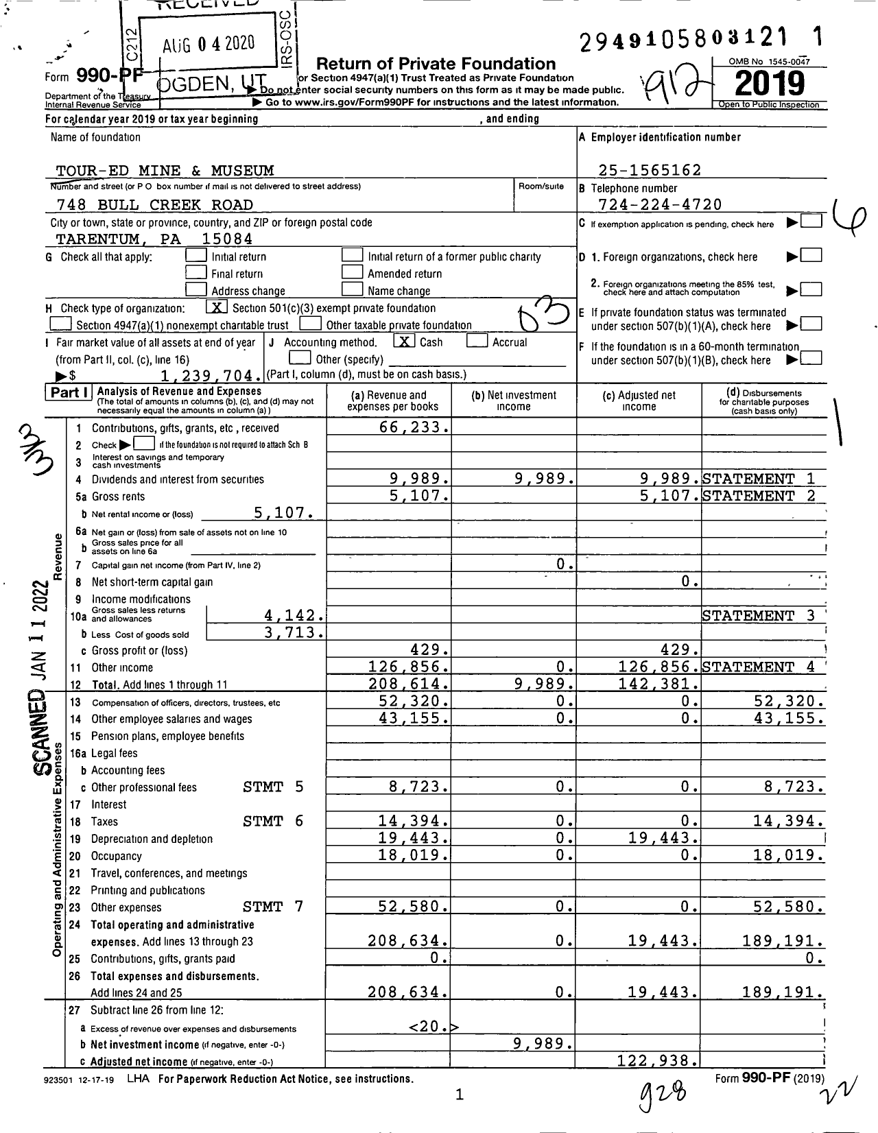 Image of first page of 2019 Form 990PF for Tour-Ed Mine and Museum