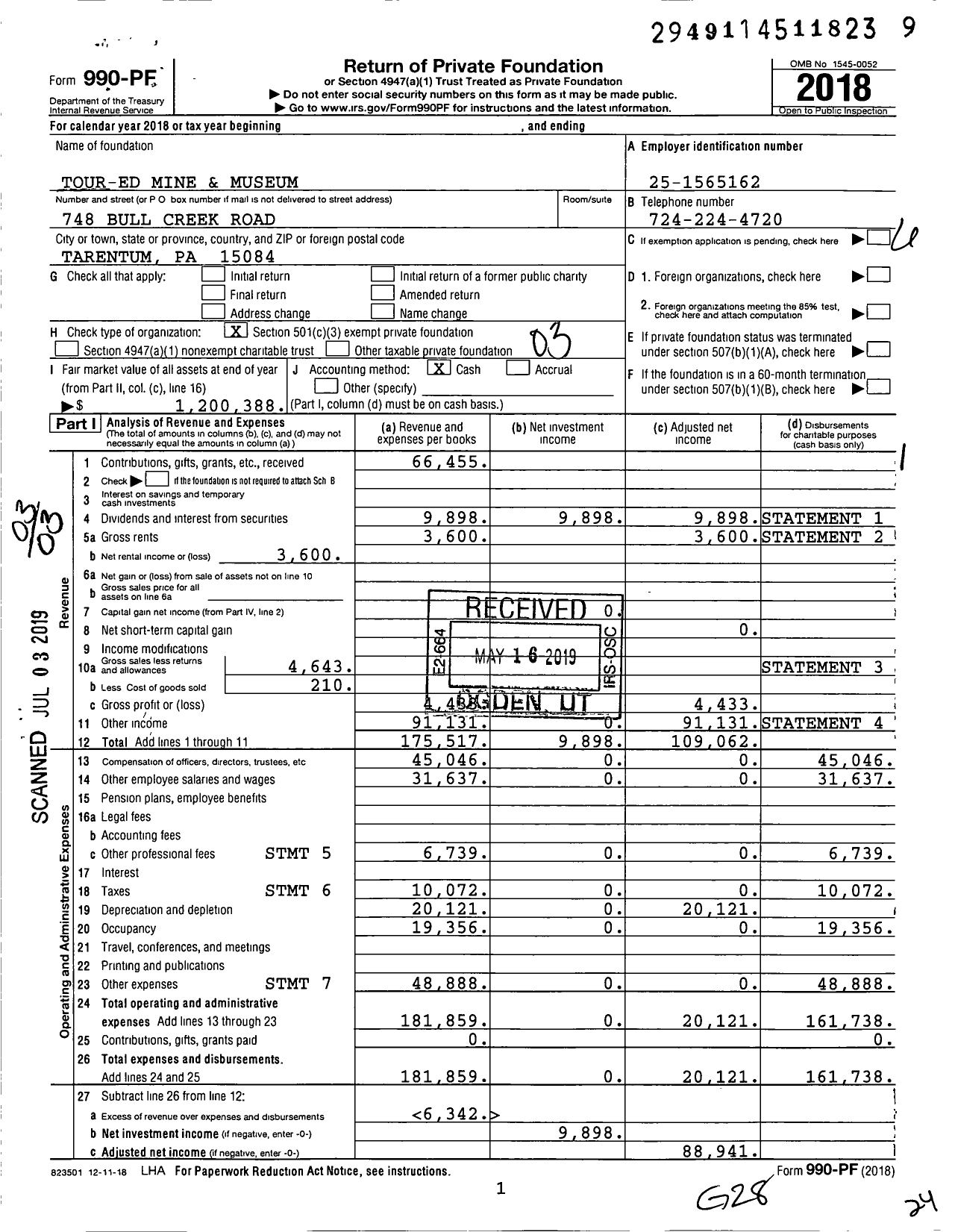 Image of first page of 2018 Form 990PF for Tour-Ed Mine and Museum