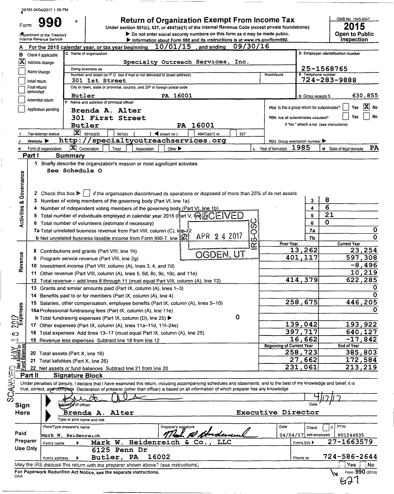 Image of first page of 2015 Form 990 for Specialty Outreach Services