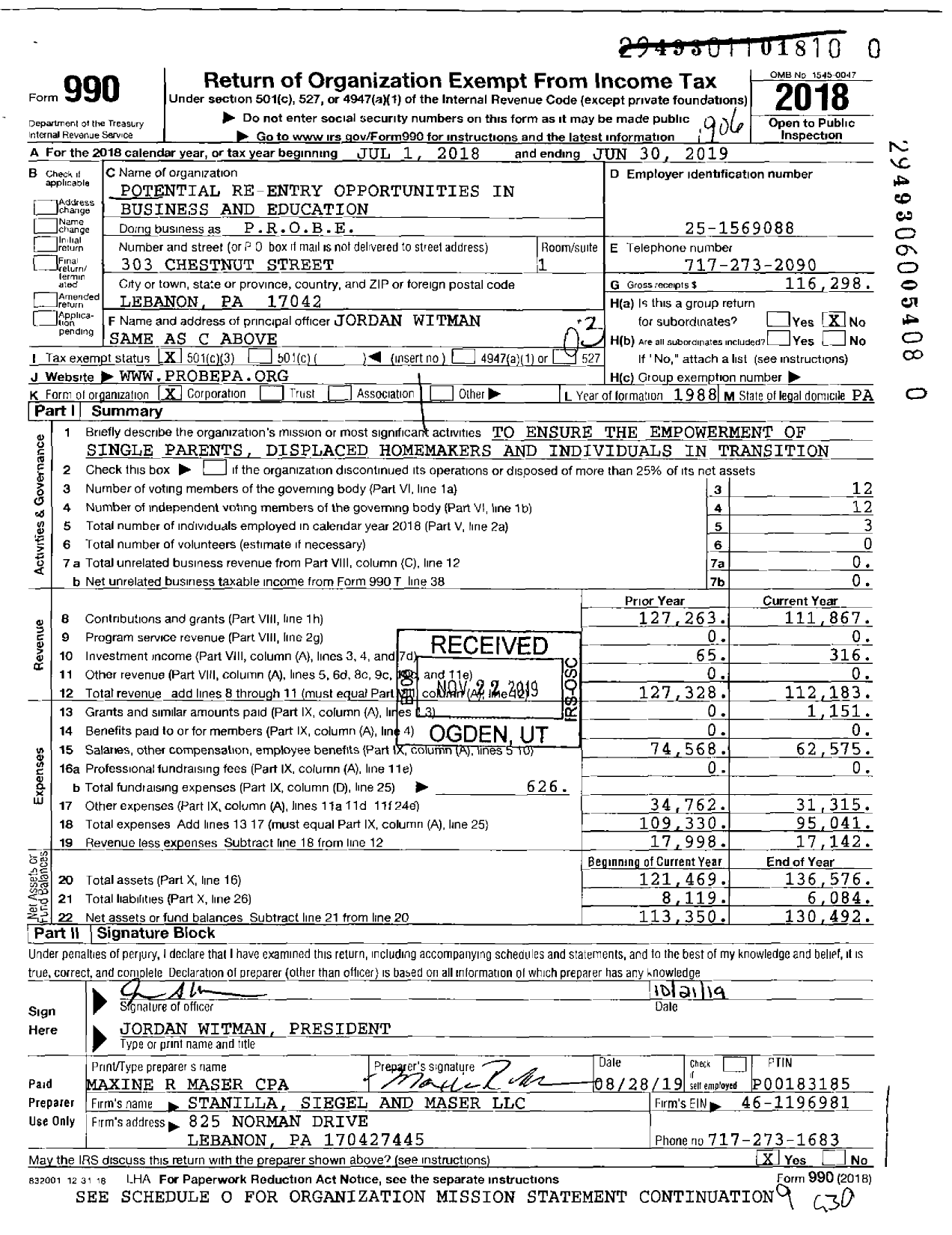 Image of first page of 2018 Form 990 for Potential Re-Entry Opportunities in Business and Education (PROBE)