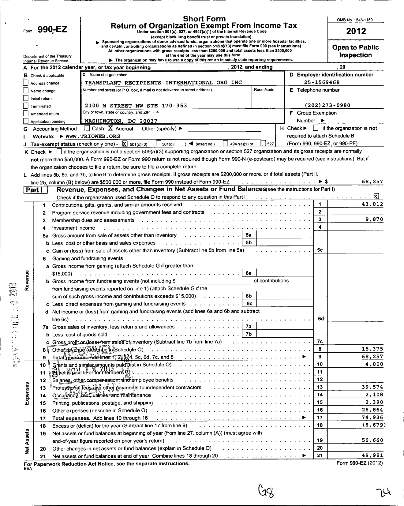 Image of first page of 2012 Form 990EZ for Transplant Recipients International Organzation