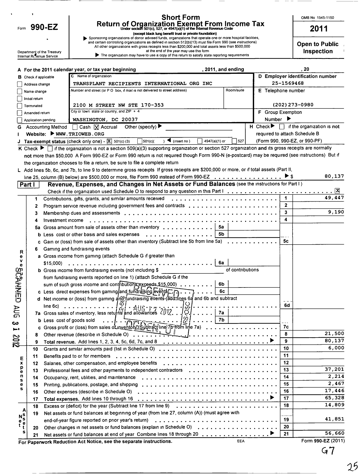 Image of first page of 2011 Form 990EZ for Transplant Recipients International Organzation