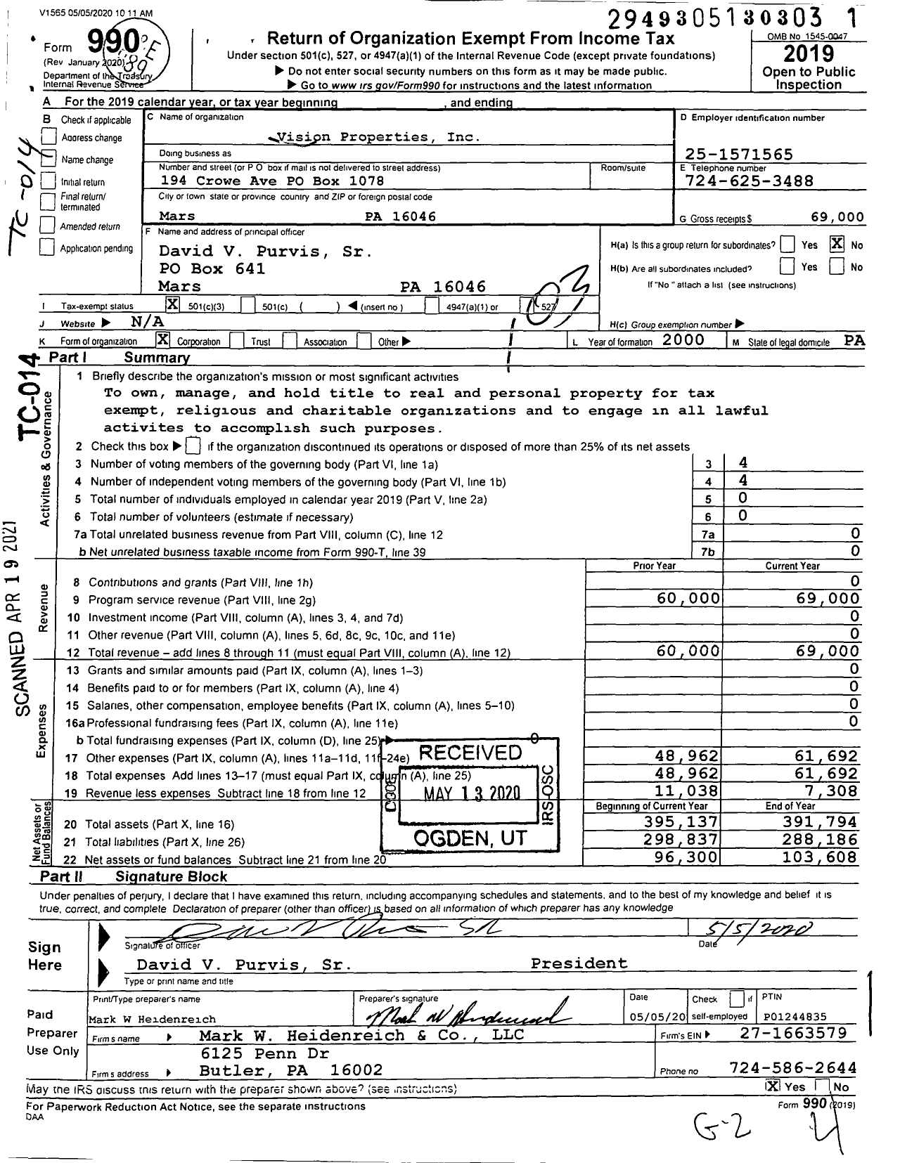 Image of first page of 2019 Form 990 for Vision Properties