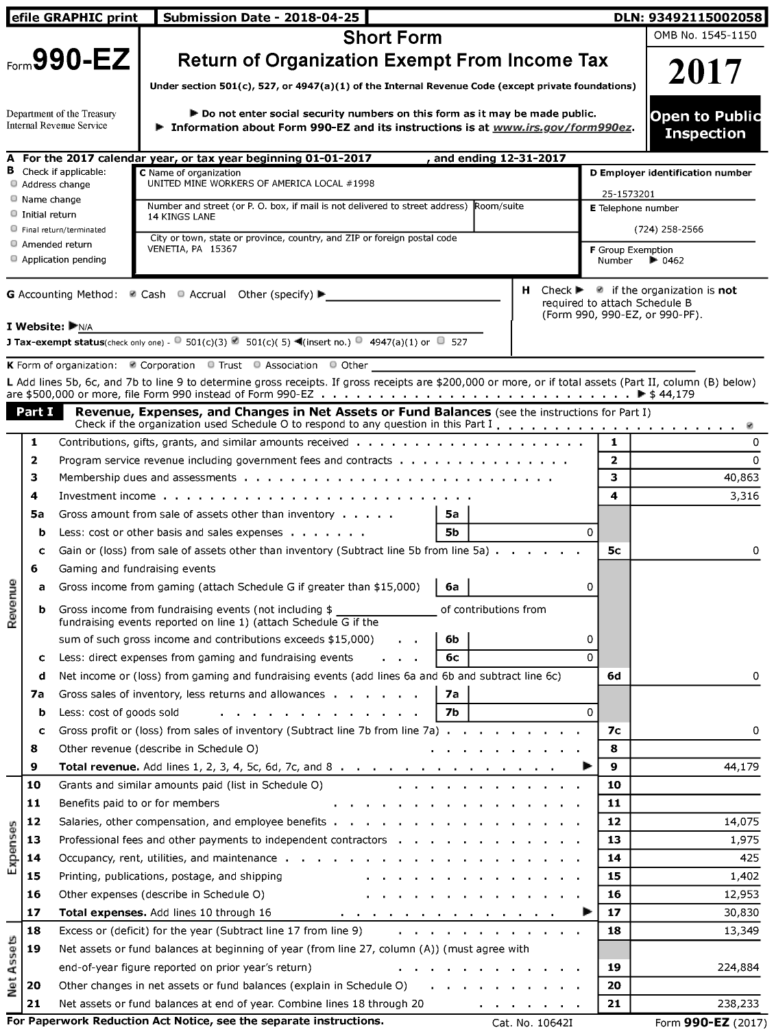 Image of first page of 2017 Form 990EZ for United Mine Workers of America International - 1998 Local