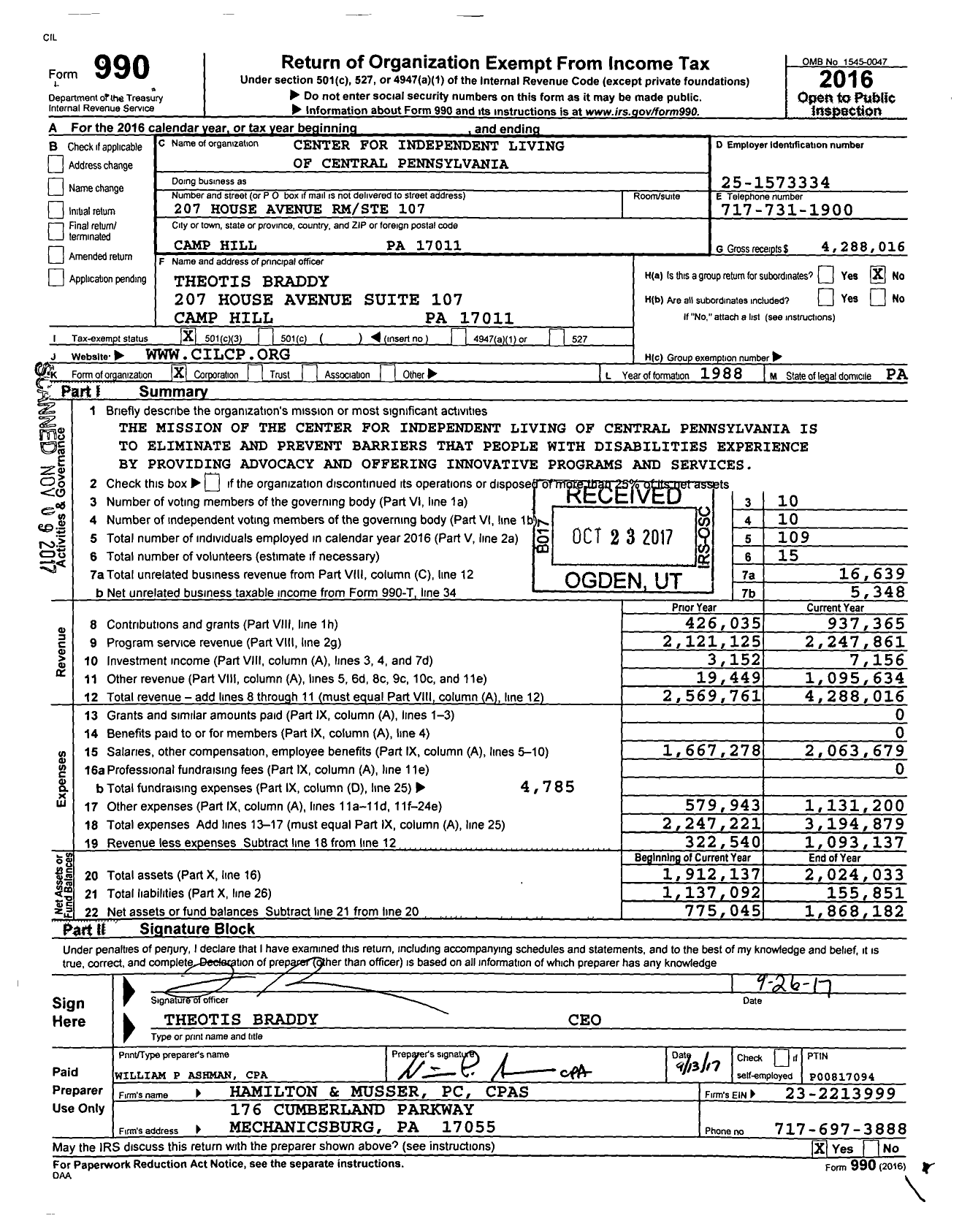 Image of first page of 2016 Form 990 for Center for Independent Living of Central Pennsylvania