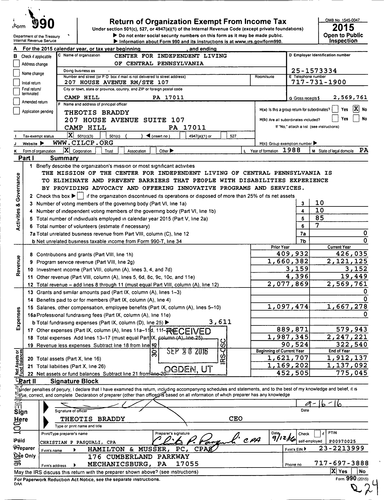Image of first page of 2015 Form 990 for Center for Independent Living of Central Pennsylvania