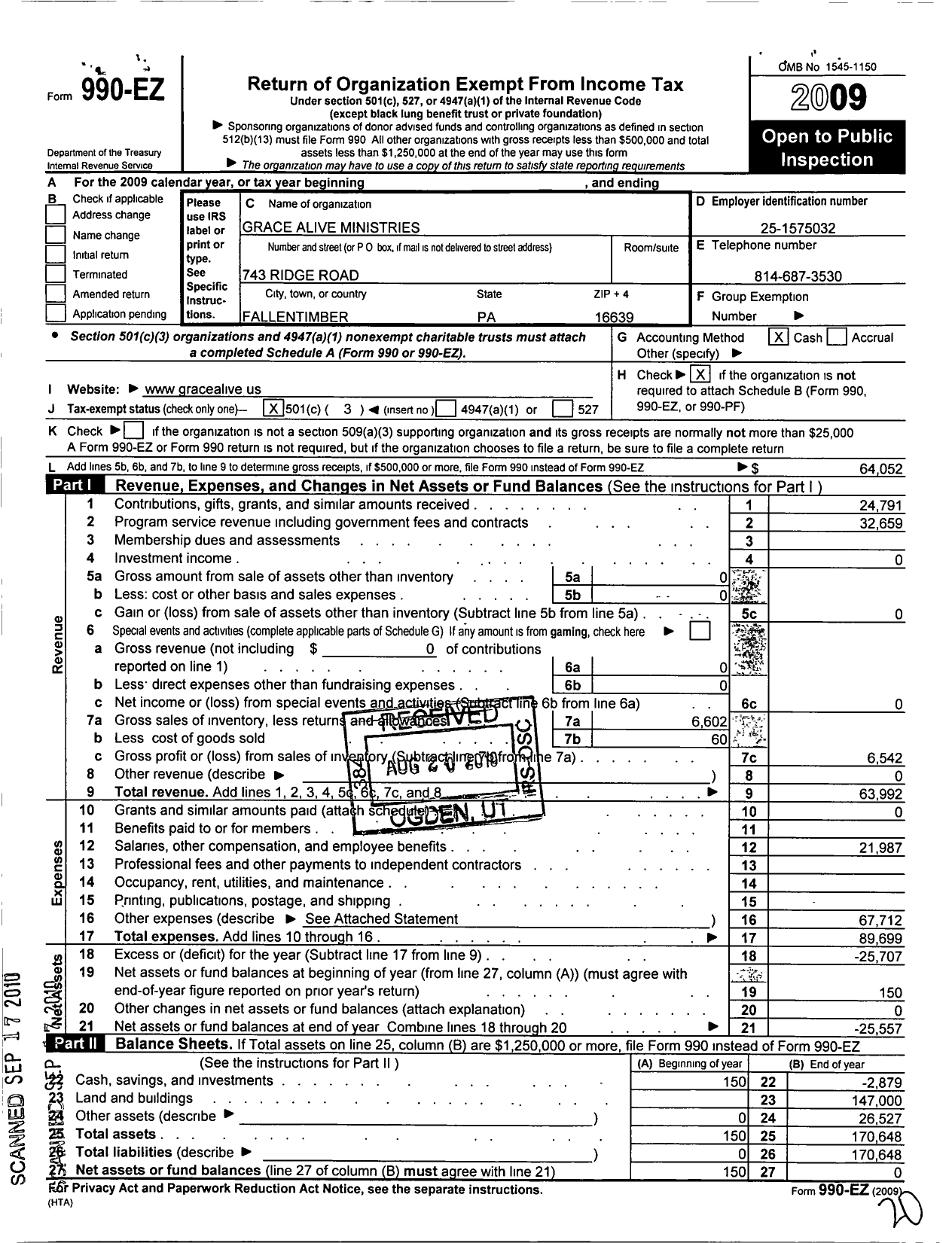 Image of first page of 2009 Form 990EZ for Grace Alive Ministries