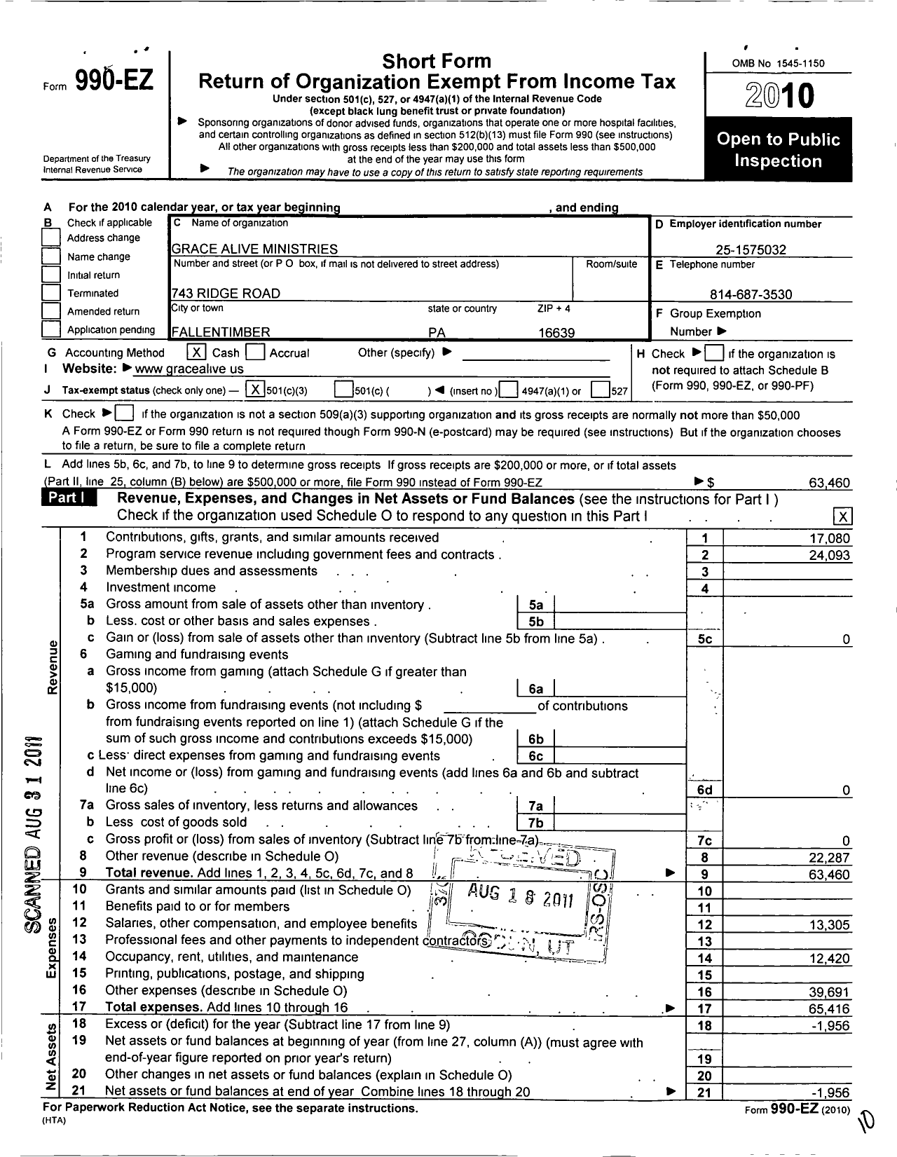 Image of first page of 2010 Form 990EZ for Grace Alive Ministries